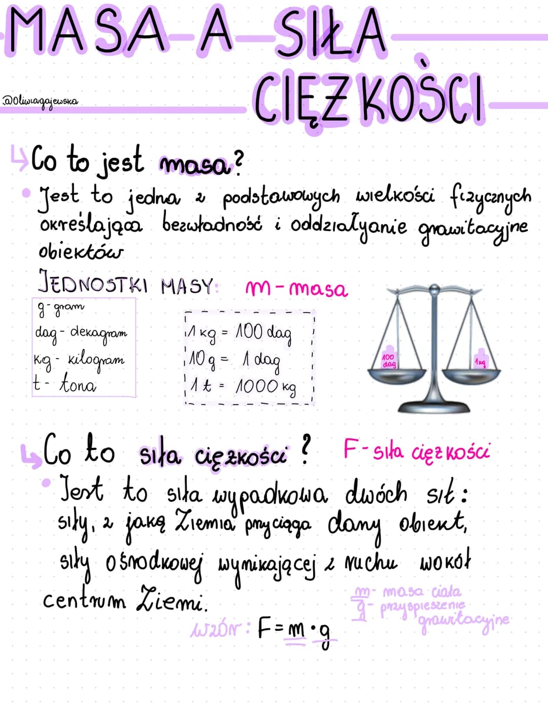 MASA A SIŁA
CIĘZ KOŚCI
@olimagajewska
↳ Co to jest masa?
Jest to jedna z podstawowych wielkości fizycznych
określająca bezwładność i oddział