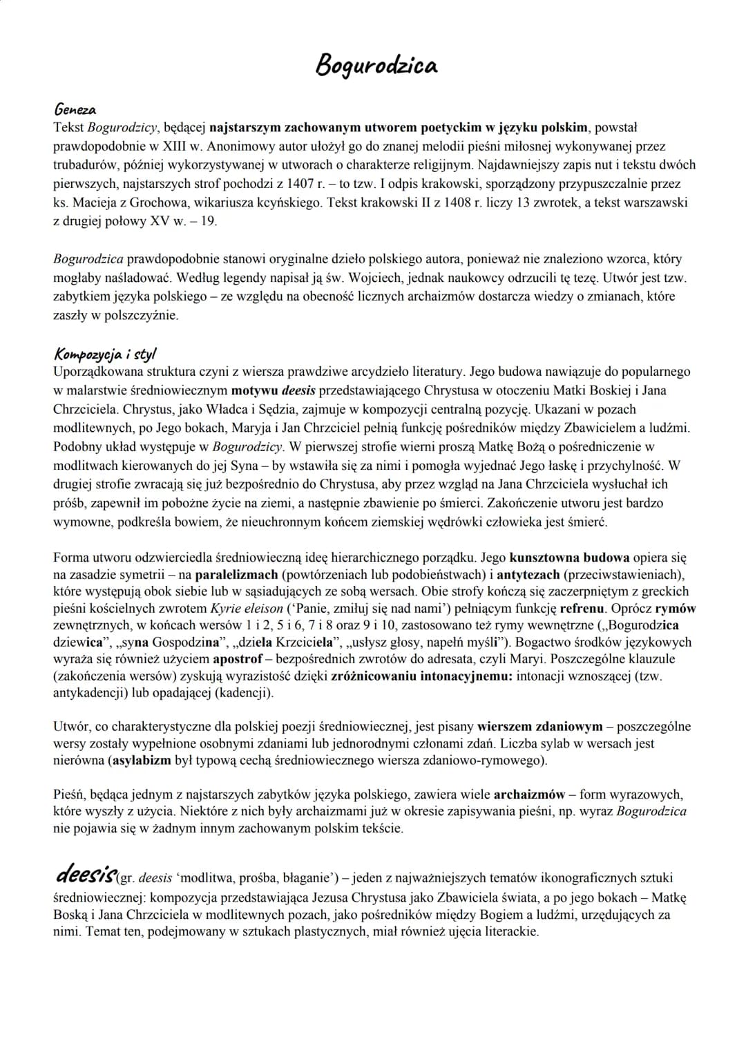 Bogurodzica
Geneza
Tekst Bogurodzicy, będącej najstarszym zachowanym utworem poetyckim w języku polskim, powstał
prawdopodobnie w XIII w. An