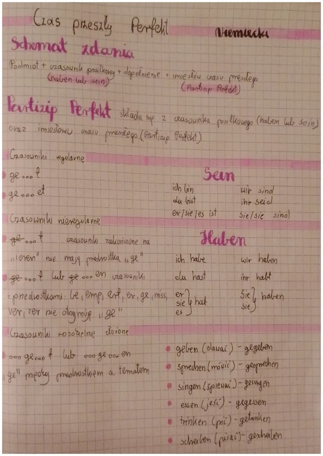 Czas przeszly Perfekt
Schemat zdania
Podmiot + czasownik posilkony + dopelnienie imie slow ceasu
(naben lb
t
Gaasowniki regularne
glo.. t
ge