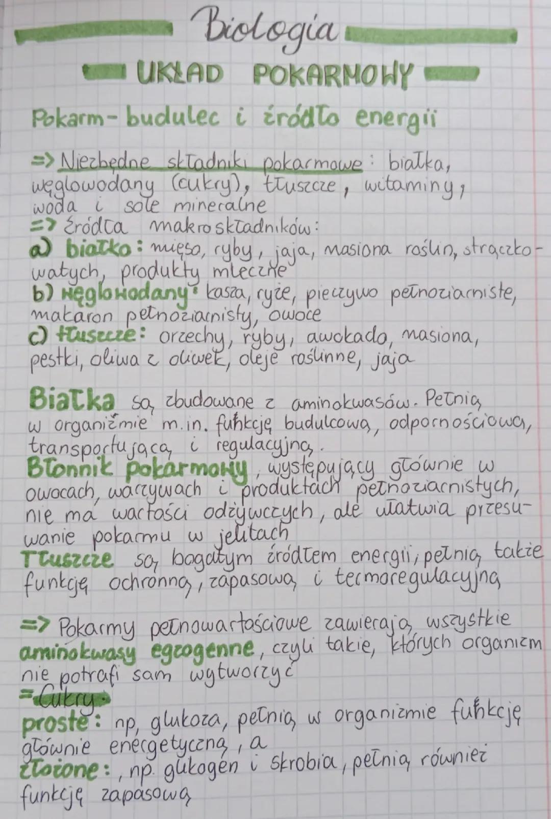 Biologia

UKŁAD POKARMOWY

Pokarm-budulec i źródło energii

=> Niezbędne składniki pokarmowe: białka,
węglowodany (cukry), tłuszcze, witamin