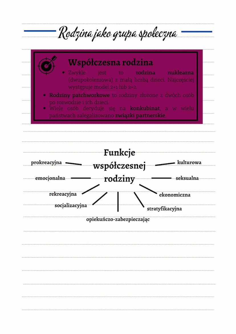 • Rodzina jako grupa społeczna
• Rodzina to mała i pierwotna grupa, którą łączą cele i więź emocjonalna.
Jest to podstawa istnienia społecze