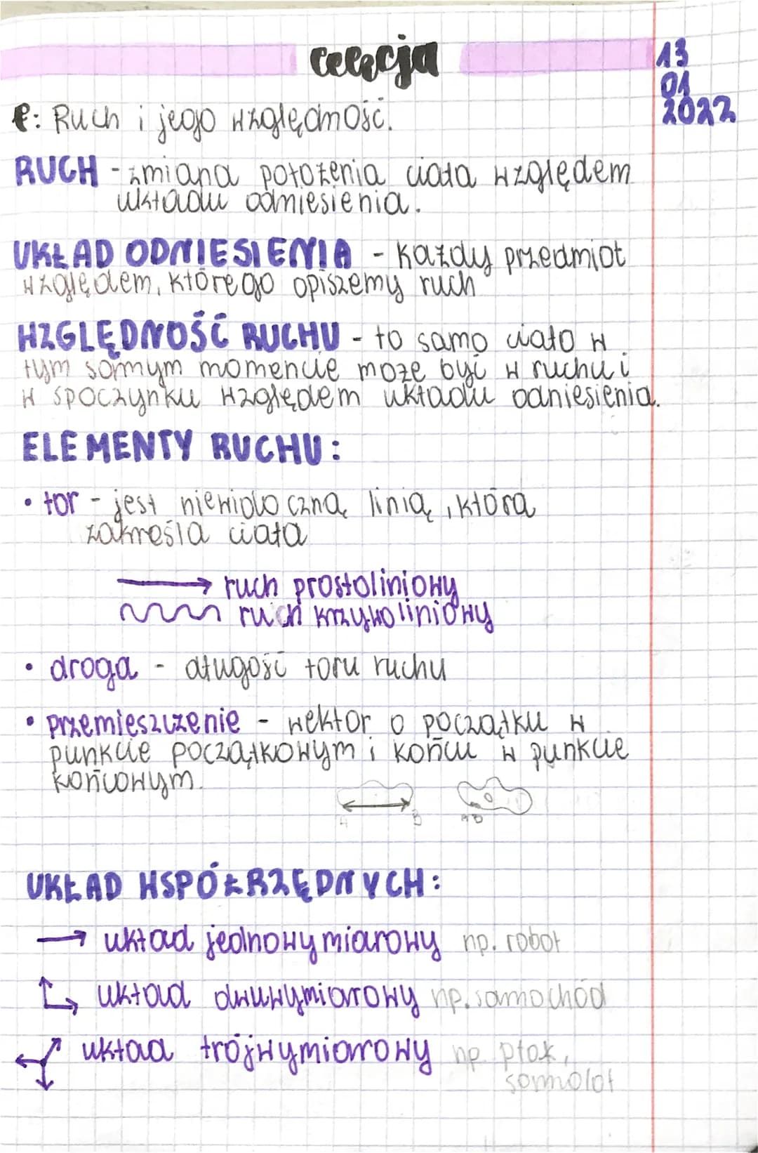 cececja
1: Ruch i jego Hinględność.
RUCH- &miana pototenia ciała względem
układu odniesienia.
UKŁAD ODNIESIENIA - Każdy przedmiot
whole dem,