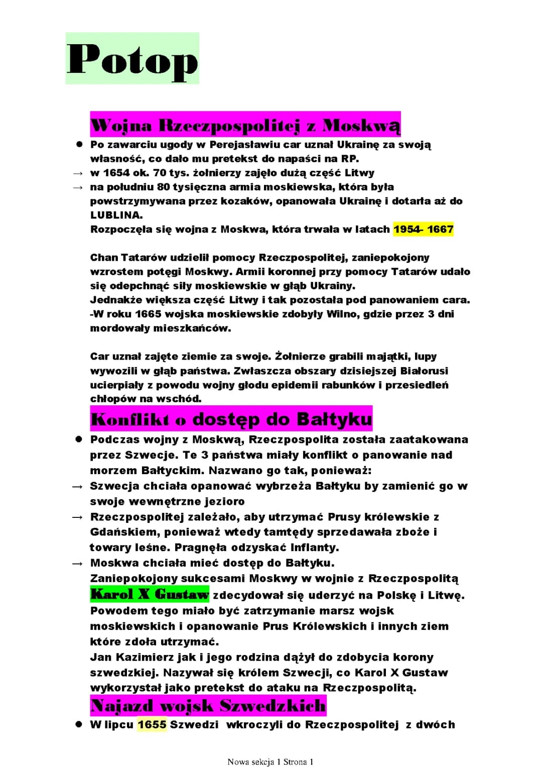 Potop szwedzki Klasa 6 - notatka graficzna i prezentacja genially