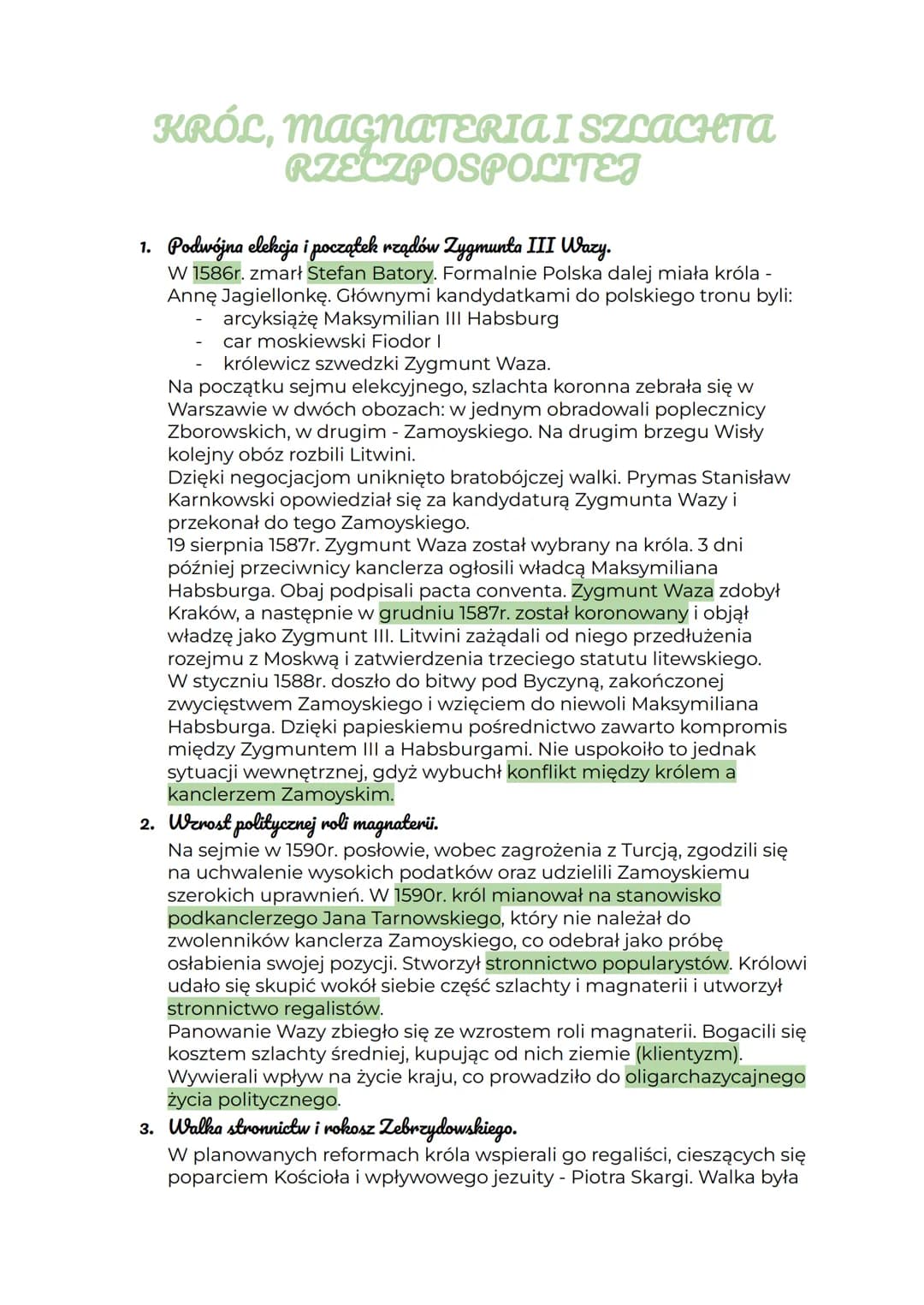 KRÓL, MAGNATERIA I SZLACHTA
RZECZPOSPOLITEJ
1. Podwójna elekcja i początek rządów Zygmunta III Wazy.
W 1586r. zmarł Stefan Batory. Formalnie