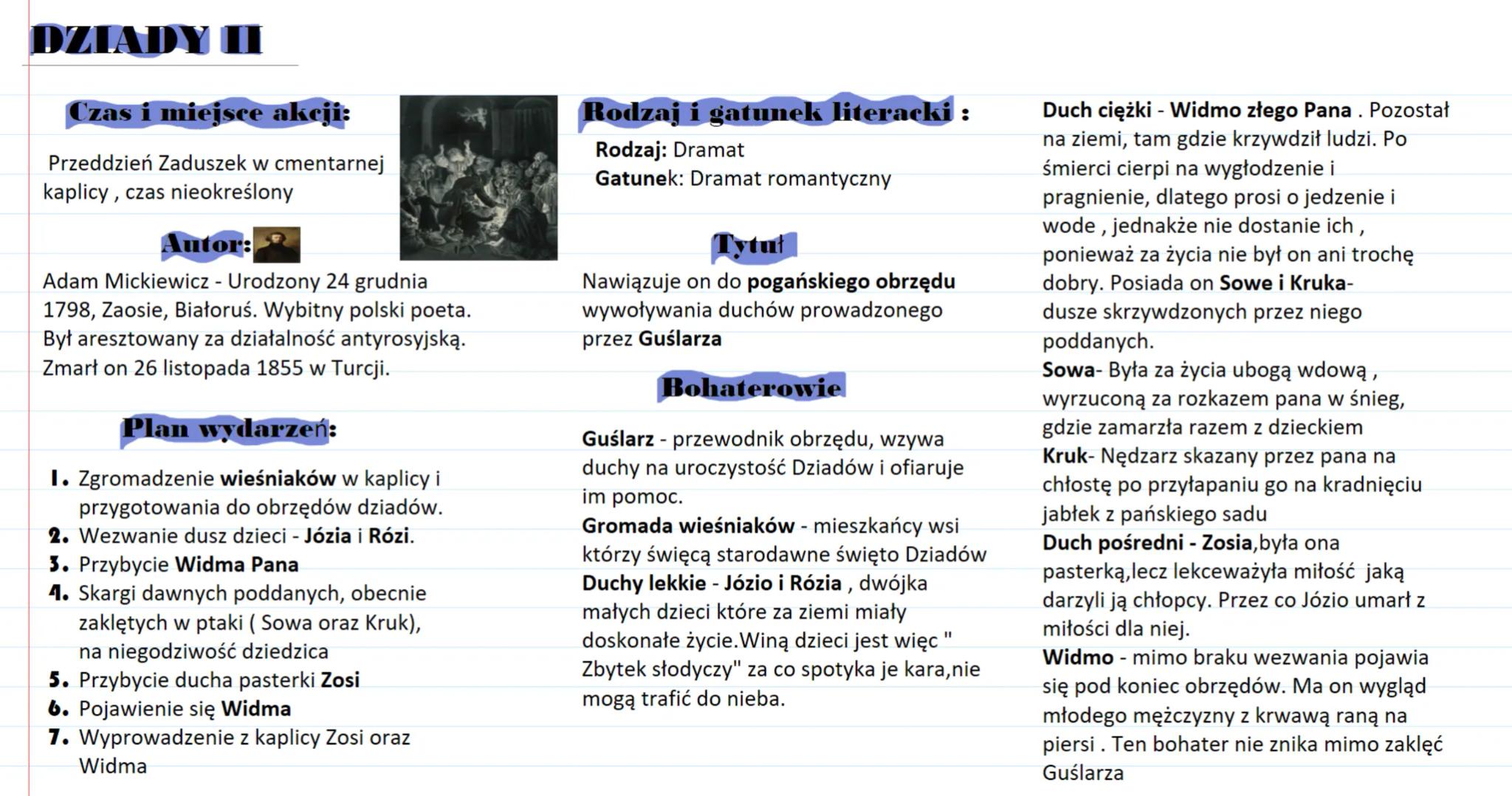 # DZIADY I

### Czas i miejsce akcji:
Przeddzień Zaduszek w cmentarnej
kaplicy, czas nieokreślony

### Autor:
Adam Mickiewicz - Urodzony 24 
