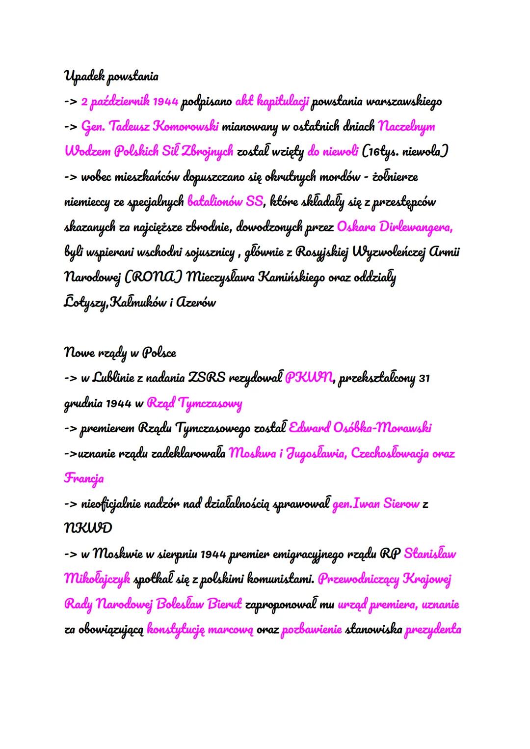 POWSTANIE WARSZAWSKIE
1 sierpnia 1944- 2 październik 1944
Przyczyny wybuchu powstania
-> 21 lipca 1944 powstał w Moskwie Polski Komitet Wyzw