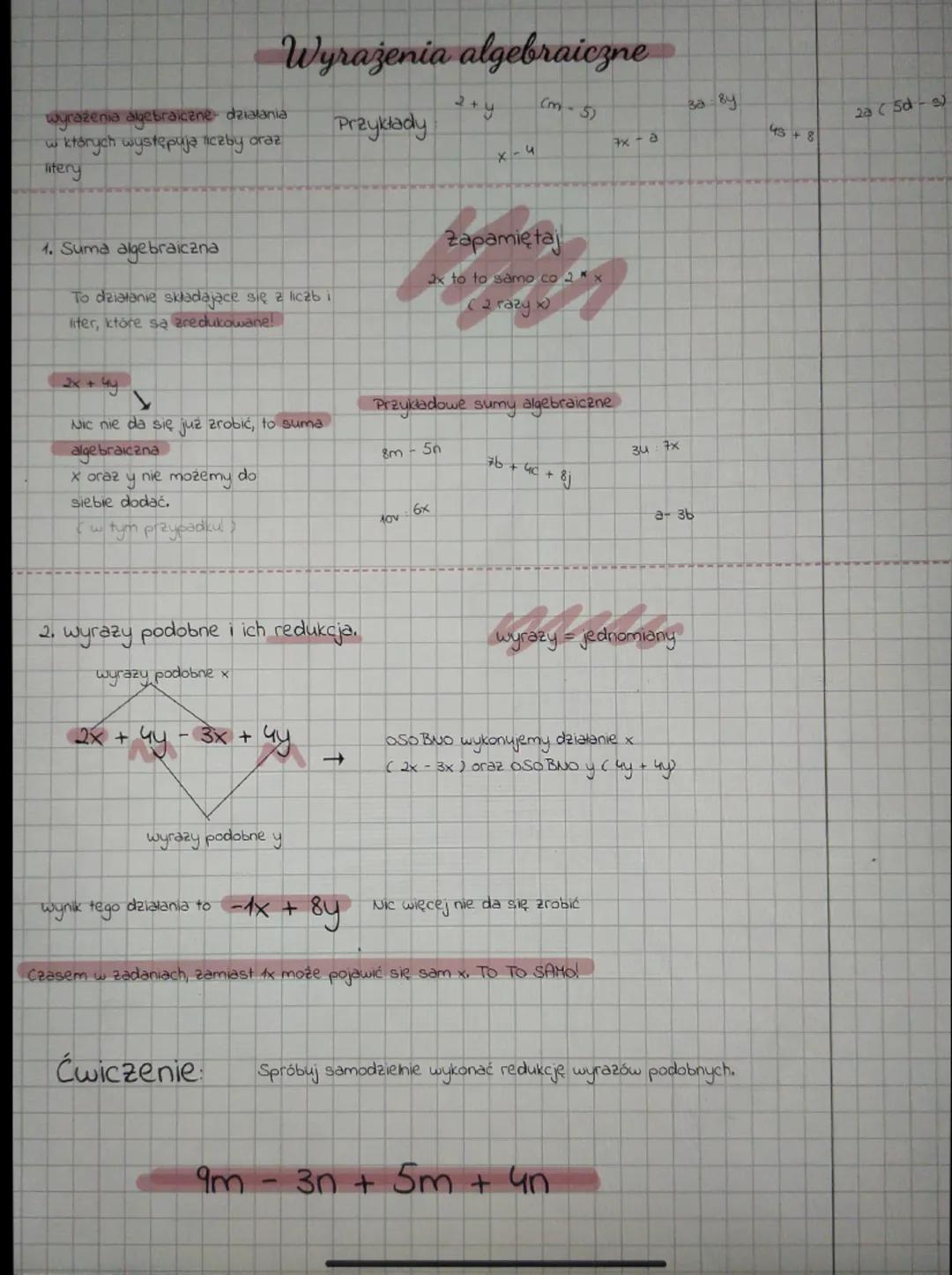 Wyrażenia algebraiczne
wyrażenia algebraiczne działania
w których występują liczby oraz
litery
Przykłady
2+ y
X-4
Cm-5)
30-8y
28 (5d-s)
7x-a
