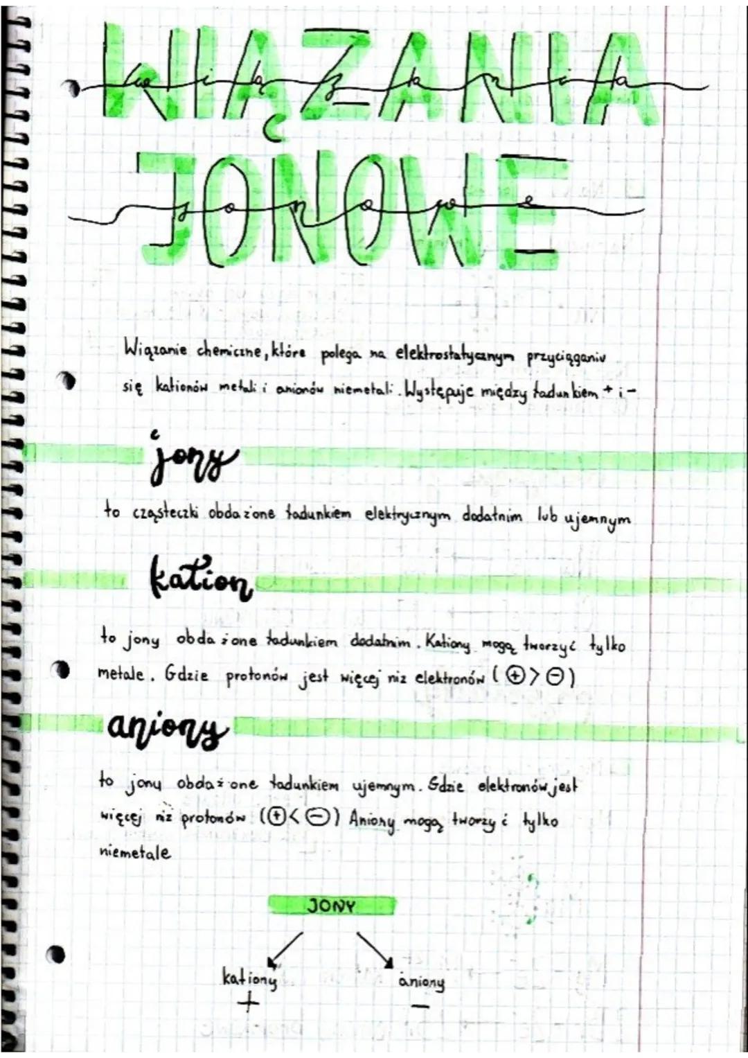 WIAZANIA
JONOWE
Wiązanie chemiczne, które polega na elektrostatycznym przyciąganiu
się kationów metali i anionów niemetal:. Występuje między
