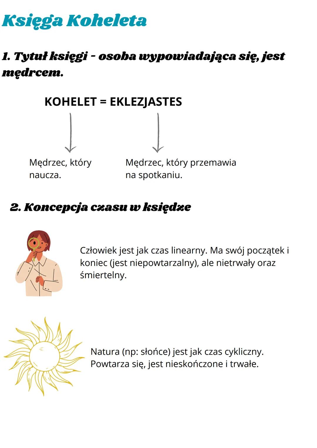 Księga Koheleta
1. Tytuł księgi - osoba wypowiadająca się, jest
mędrcem.
KOHELET = EKLEZJASTES
Mędrzec, który
naucza.
Mędrzec, który przemaw