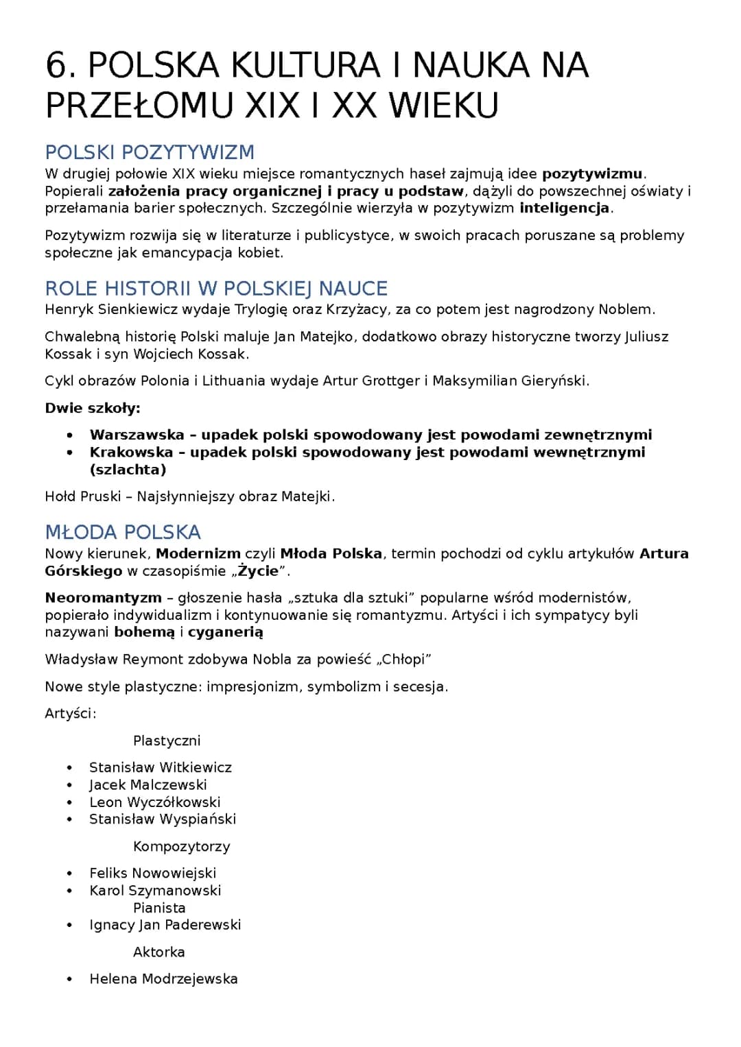 POLSKA KULTURA I NAUKA PRZEŁOMU XIX I XX WIEKU