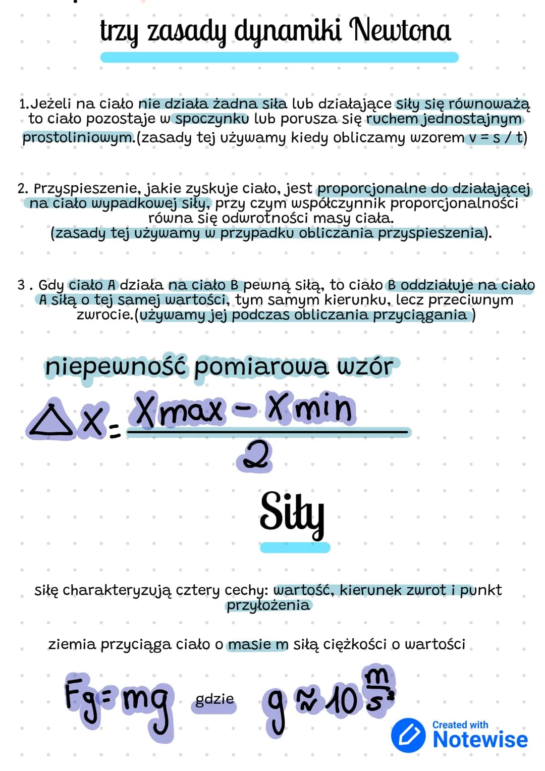 trzy zasady dynamiki Newtona
1. Jeżeli na ciało nie działa żadna siła lub działające siły się równoważą
to ciało pozostaje w spoczynku lub p