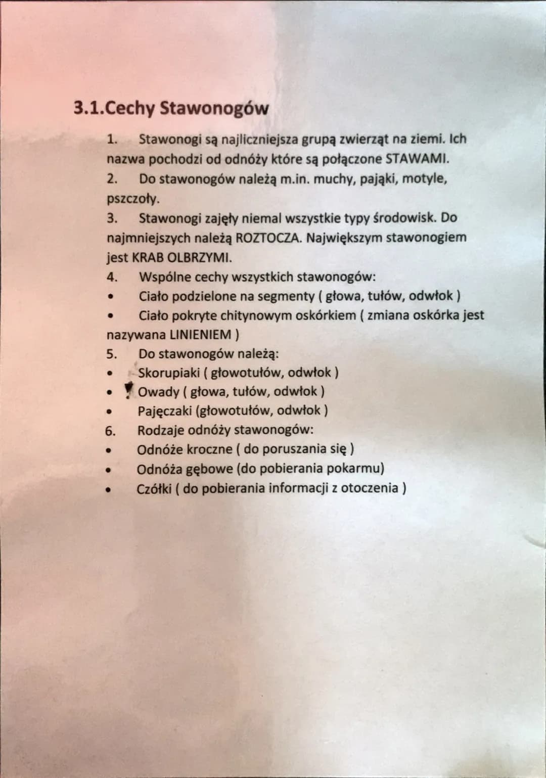 3.1.Cechy Stawonogów
1. Stawonogi są najliczniejsza grupą zwierząt na ziemi. Ich
nazwa pochodzi od odnóży które są połączone STAWAMI.
2. Do 