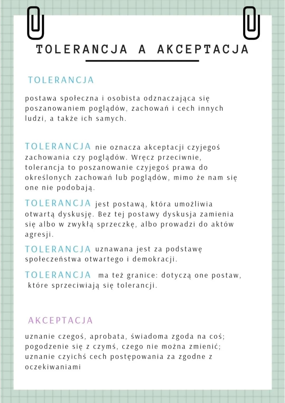 U
TOLERANCJA A AKCEPTACJA
TOLERANCJA
postawa społeczna i osobista odznaczająca się
poszanowaniem poglądów, zachowań i cech innych
ludzi, a t