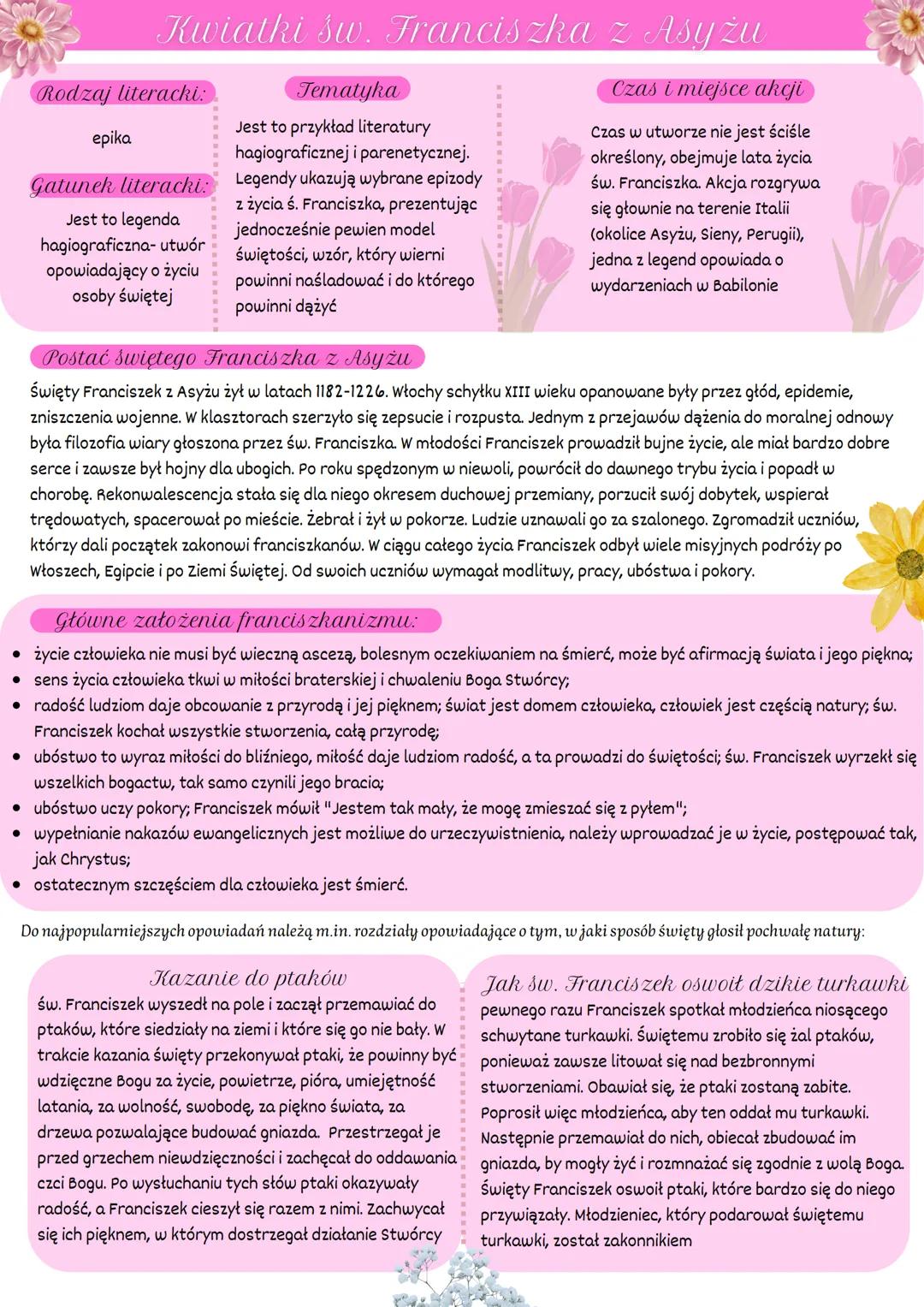 •
.
Kwiatki św. Franciszka z Asyżu
Rodzaj literacki:
epika
Gatunek literacki:
Jest to legenda
hagiograficzna- utwór
opowiadający o życiu
oso