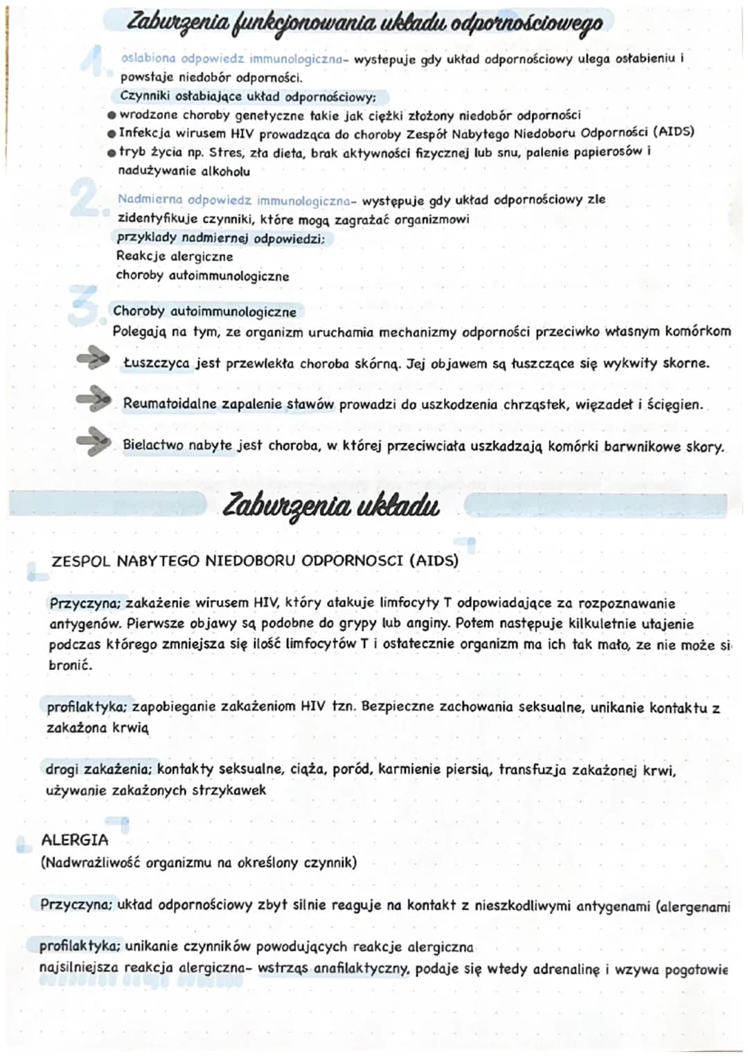 Zaburzenia funkcjonowania układu odpornościowego
oslabiona odpowiedz immunologiczna- wystepuje gdy układ odpornościowy ulega osłabieniu i
po