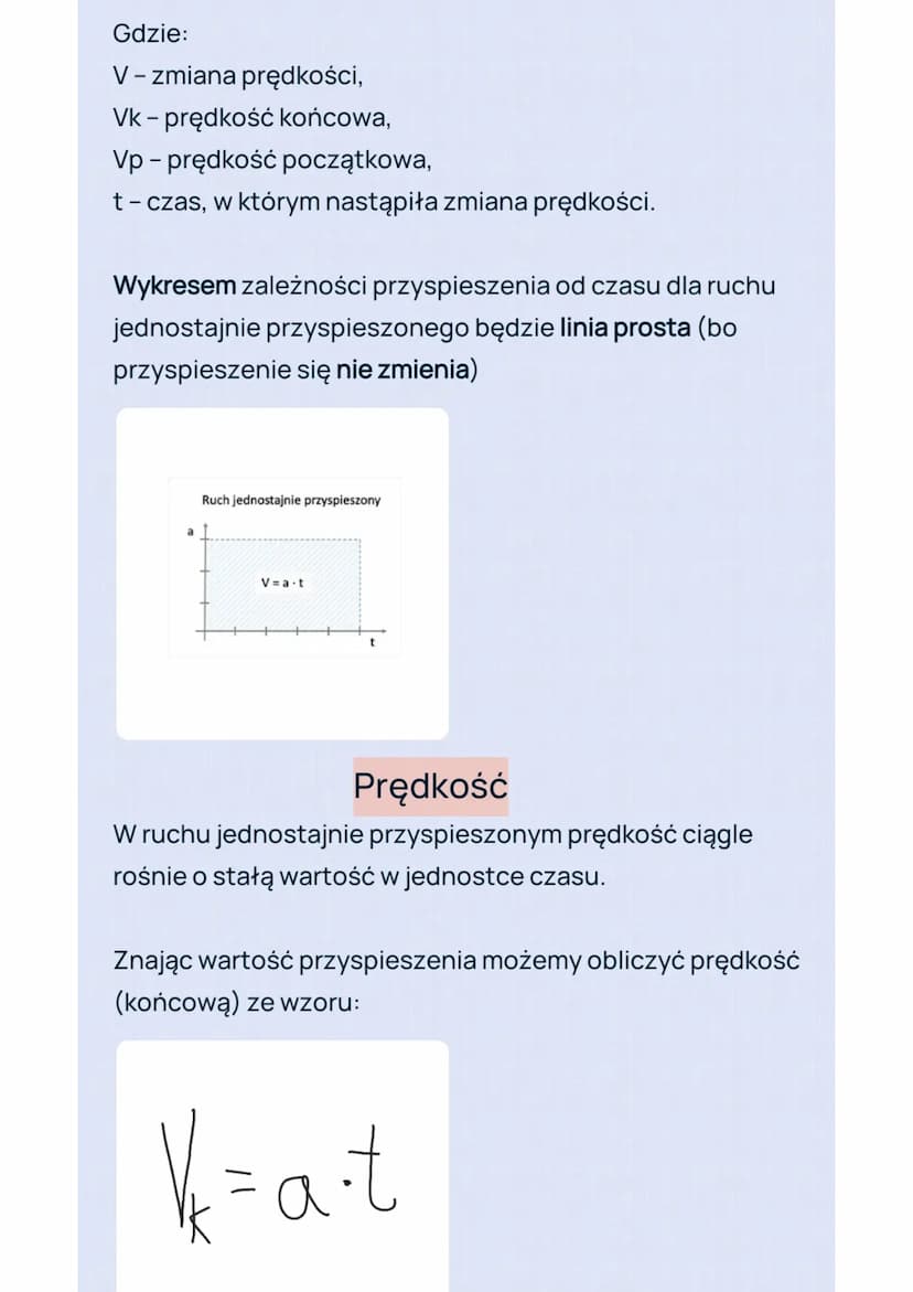 Ruch jednostajnie
przyspieszony
ruch, w którym prędkość ciała zwiększa się o jednakową
wartość w jednakowych odstępach czasu, a ciało porusz