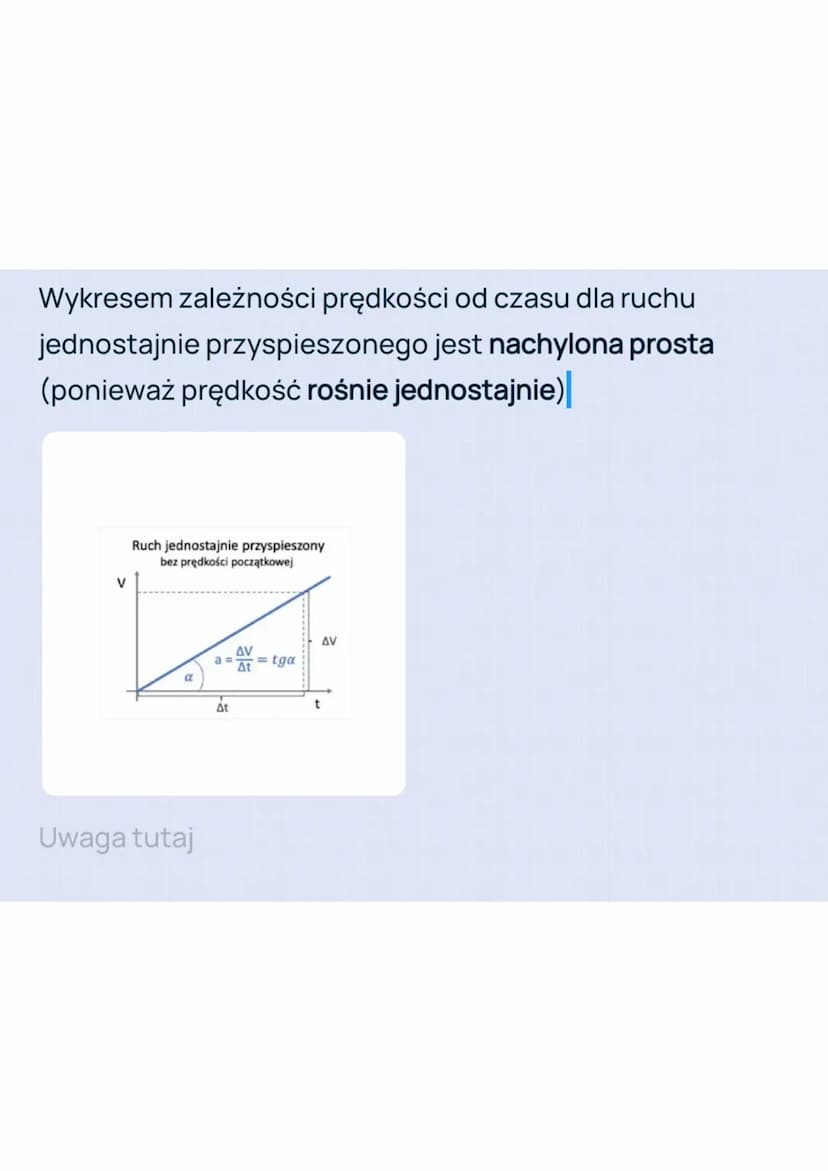 Ruch jednostajnie
przyspieszony
ruch, w którym prędkość ciała zwiększa się o jednakową
wartość w jednakowych odstępach czasu, a ciało porusz