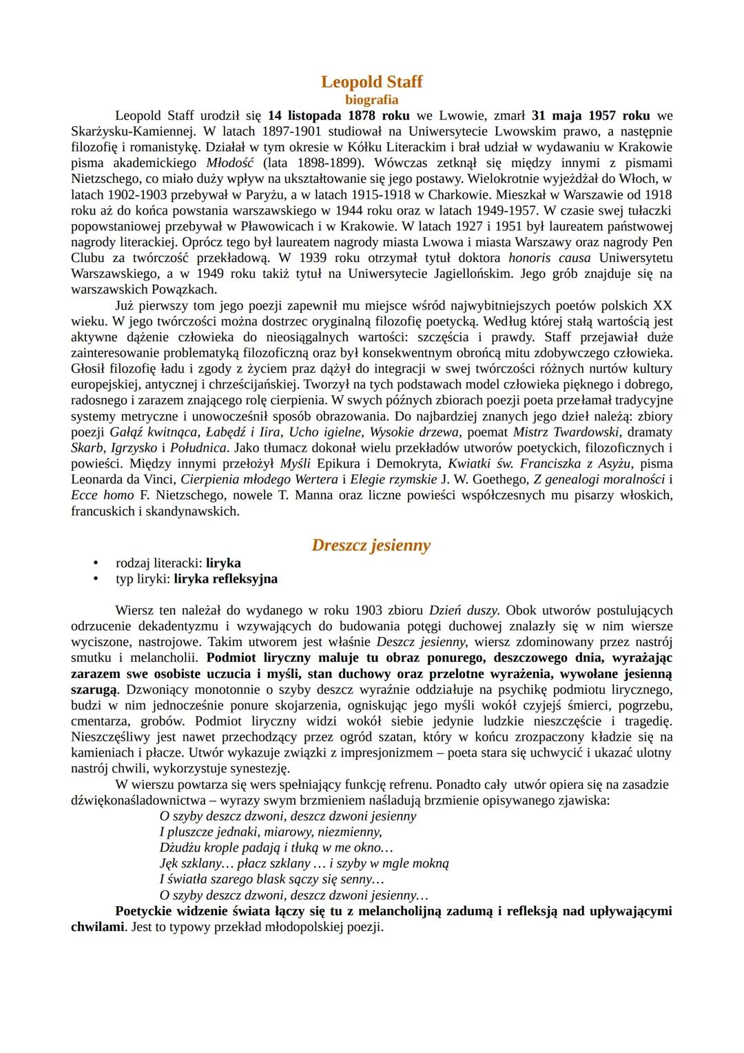 --- OCR Start ---
Leopold Staff
biografia
Leopold Staff urodził się 14 listopada 1878 roku we Lwowie, zmarł 31 maja 1957 roku we
Skarżysku-K