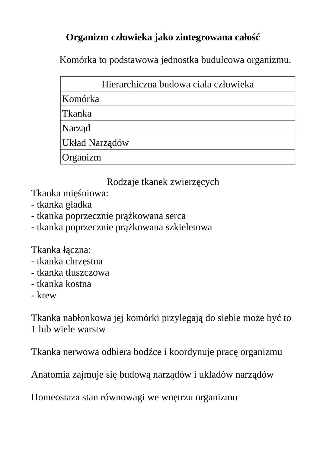 Organizm człowieka jako zintegrowana całość
Komórka to podstawowa jednostka budulcowa organizmu.
Hierarchiczna budowa ciała człowieka
Komórk