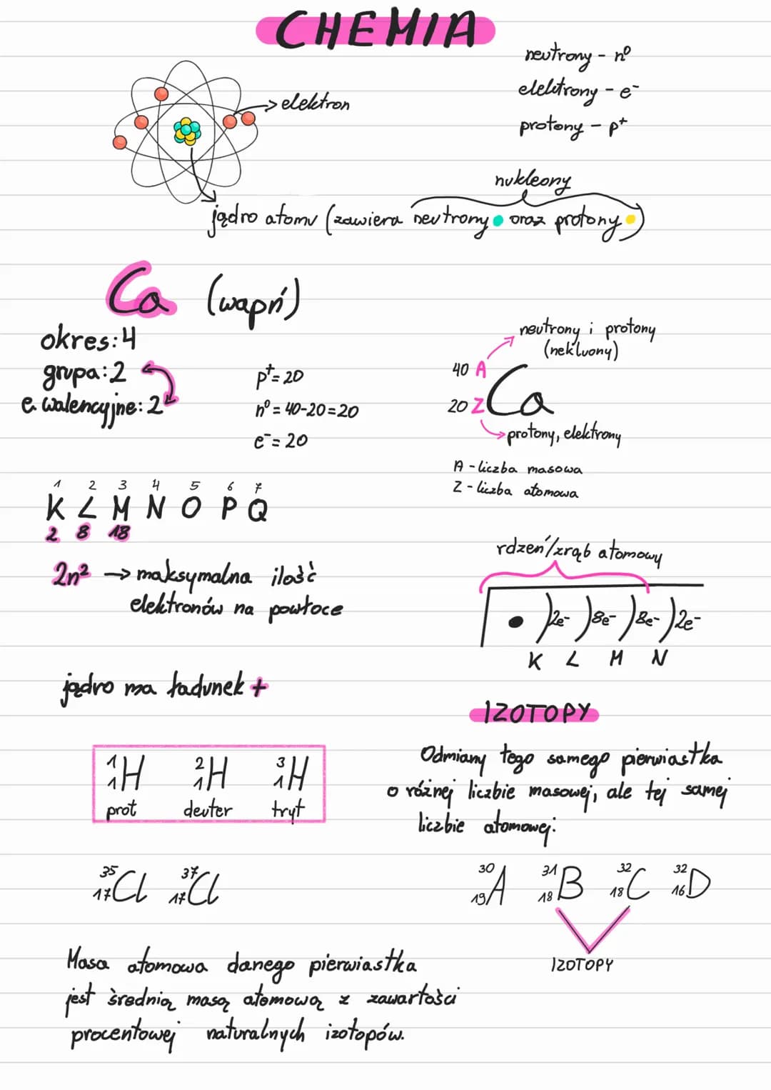 okres: 4
grupa: 2
e. walencyjne: 2²
Co (wapń)
2n² →
jądro
1
2
3
4
5 6
K L M N O P Q
2818
-> elektron
H
CHEMIA
nukleony
jądro atomu (zawiera 