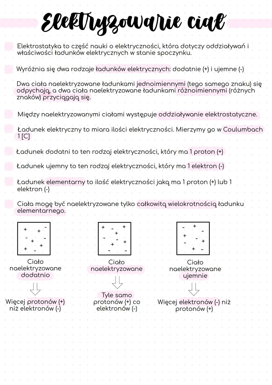 Elektryzowarie cial
Elektrostatyka to część nauki o elektryczności, która dotyczy oddziaływań i
właściwości ładunków elektrycznych w stanie 