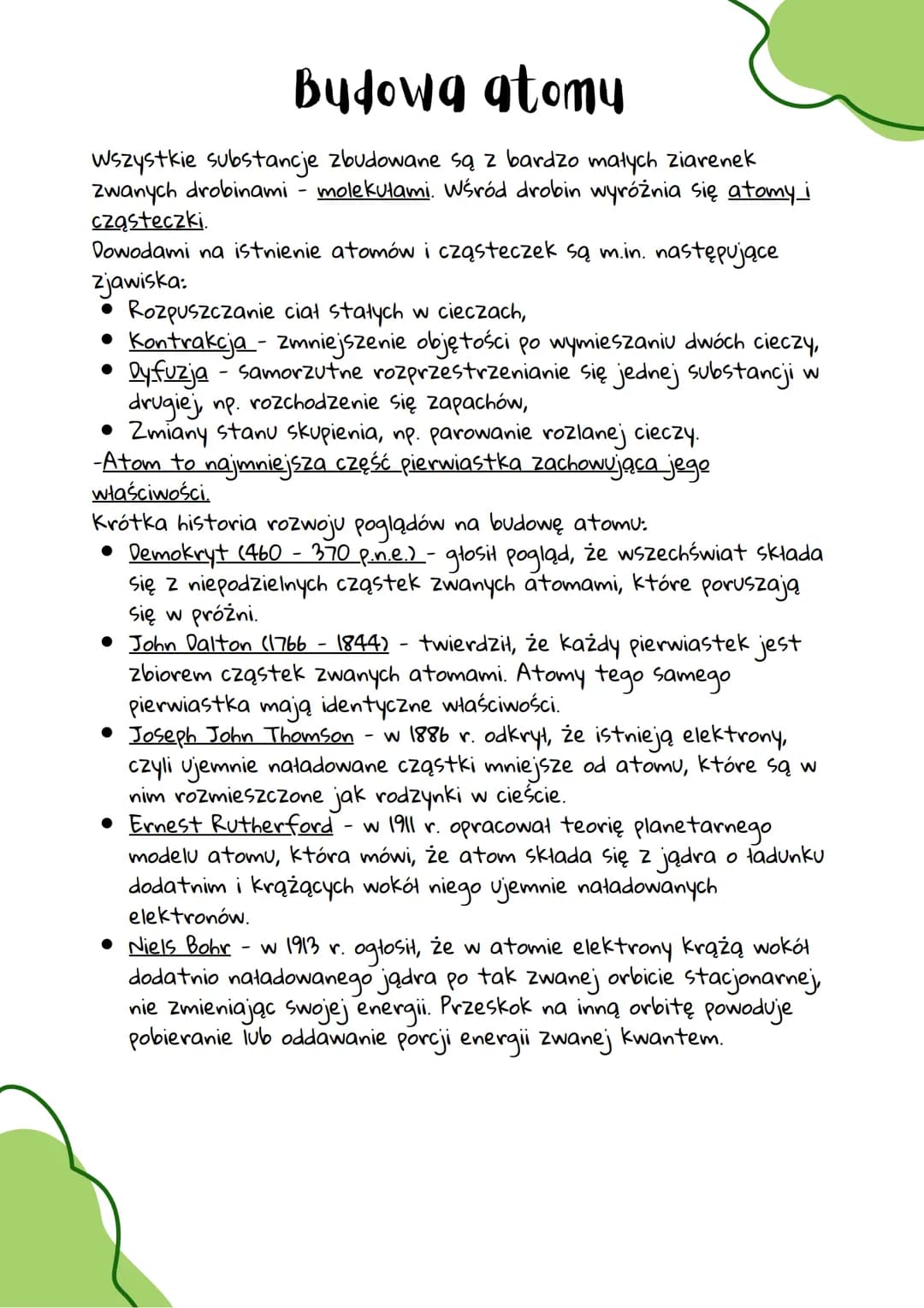 Budowa atomy
Wszystkie substancje zbudowane są z bardzo małych ziarenek
zwanych drobinami - molekułami. Wśród drobin wyróżnia się atomy_i
cz