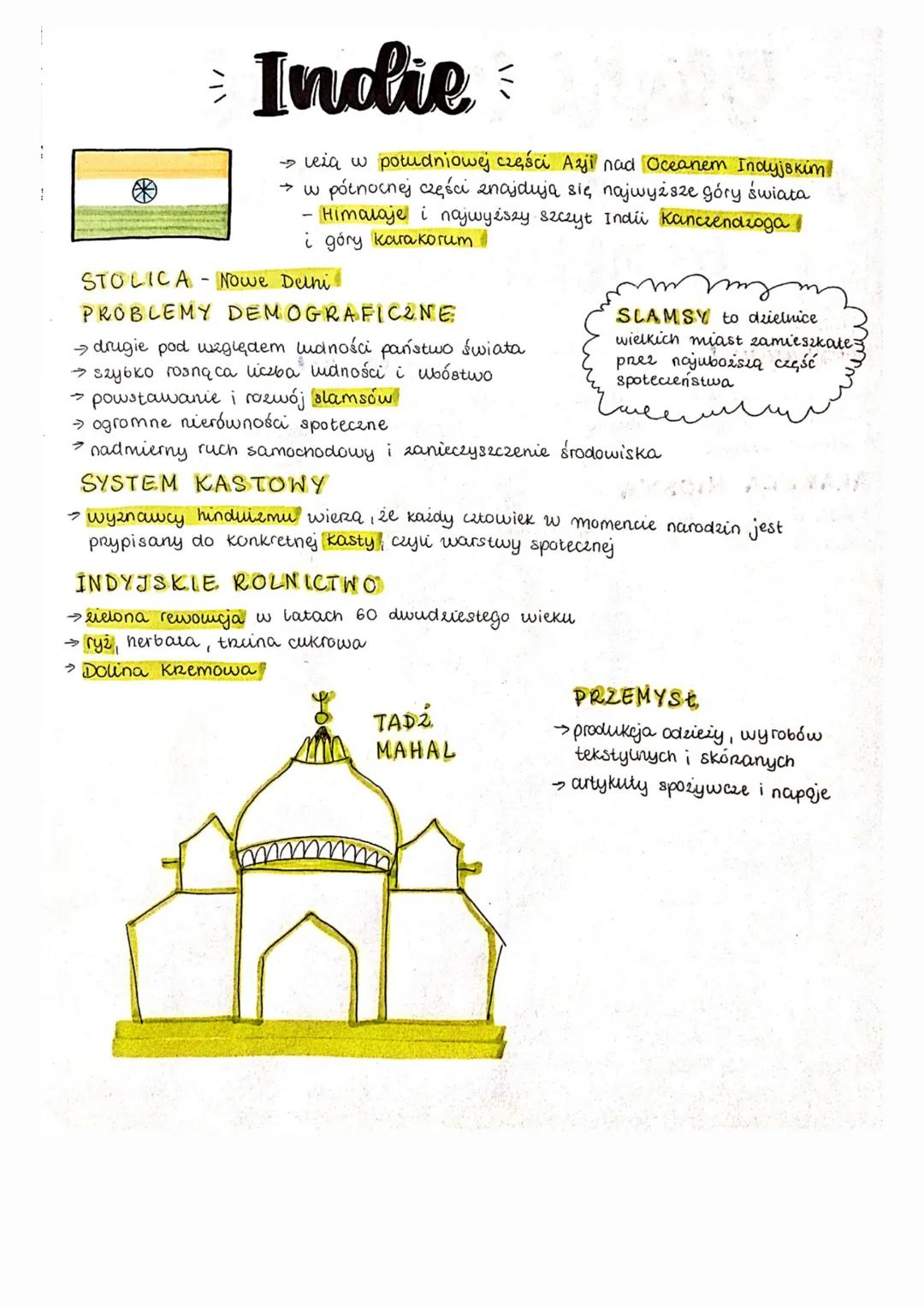 # Indie

→ leia w południowej części Azji nad Oceanem Indyjskim
→ w północnej części znajdują się najwyższe góry świata
- Himalaje i najwyżs