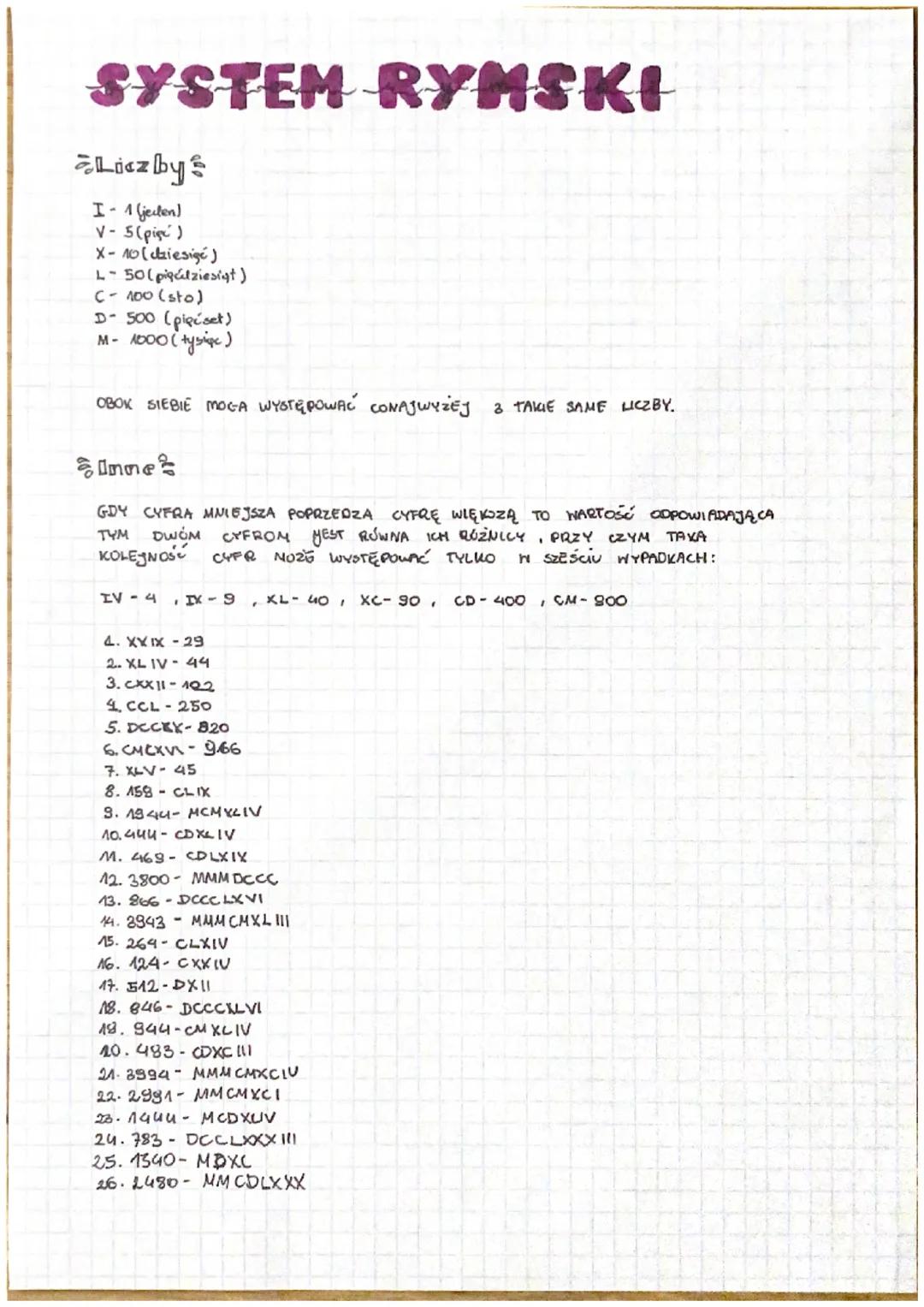SYSTEM RYMSKI
Liczby s
I-1 (jeden)
V-5 (pise)
X-10 (dziesige)
L-50(pigulziesigt)
C-100 (sto)
D-500 (pipeset)
M- 1000 (tysiąc)
OBOK SIEBIE MO
