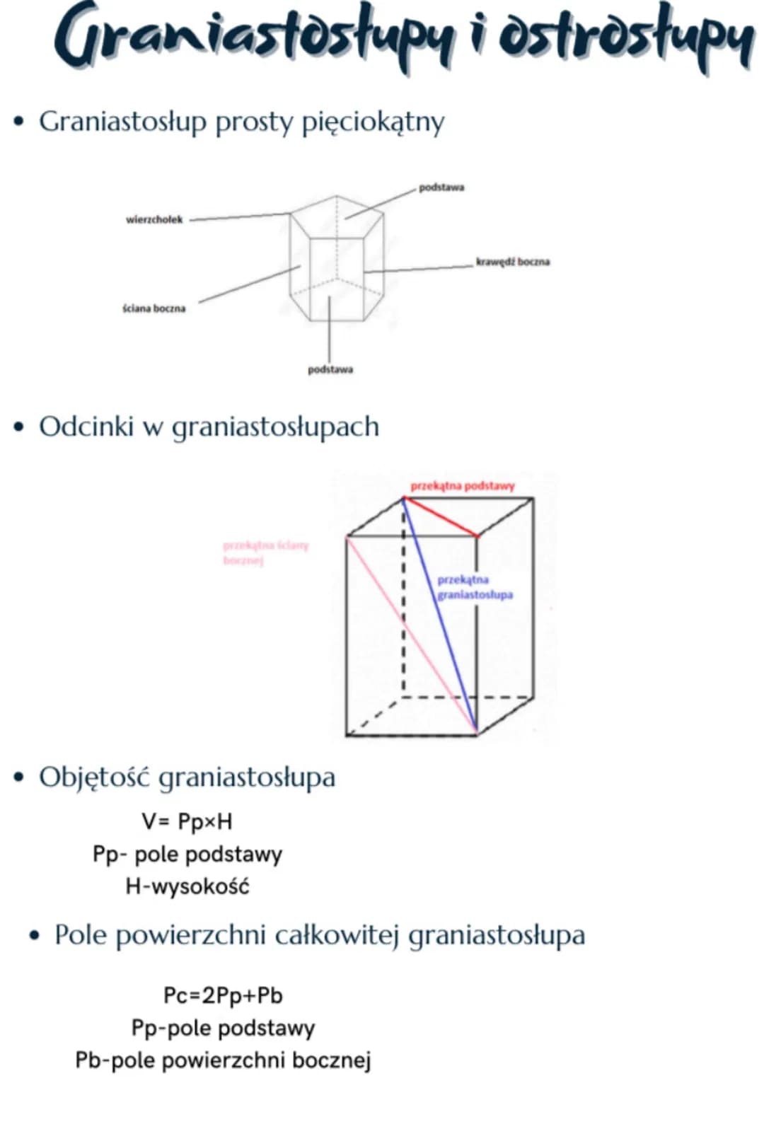 Graniastostupy i ostrostupy
• Graniastosłup prosty pięciokątny
wierzcholek
ściana boczna
4
podstawa
• Odcinki w graniastosłupach
bocznej
pod