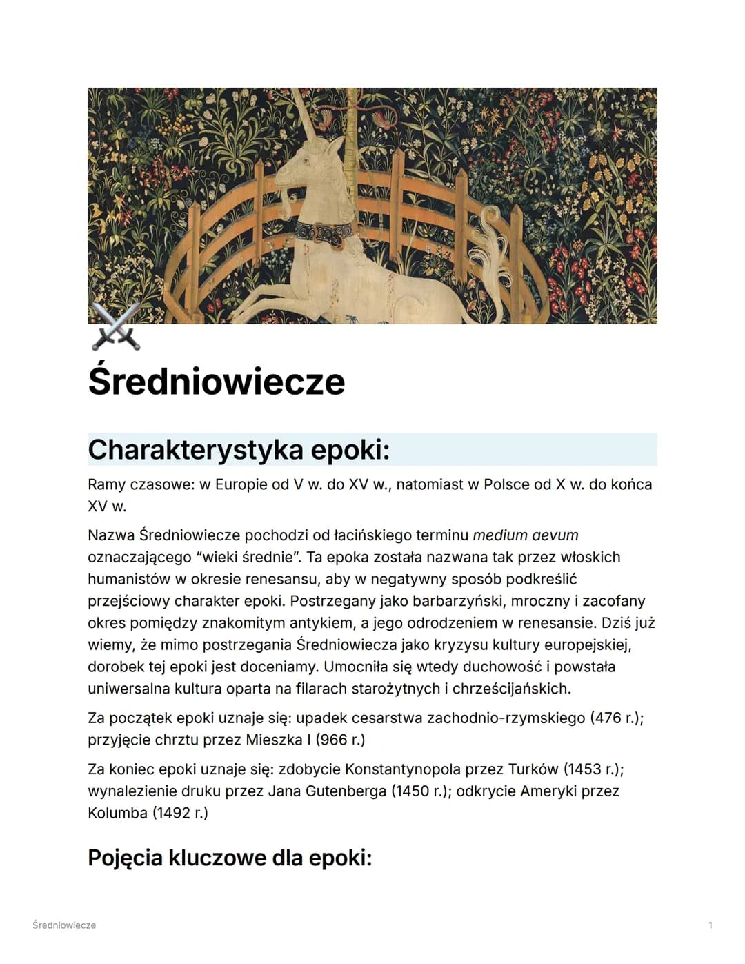 Średniowiecze
Charakterystyka epoki:
Ramy czasowe: w Europie od V w. do XV w., natomiast w Polsce od X w. do końca
XV w.
Nazwa Średniowiecze