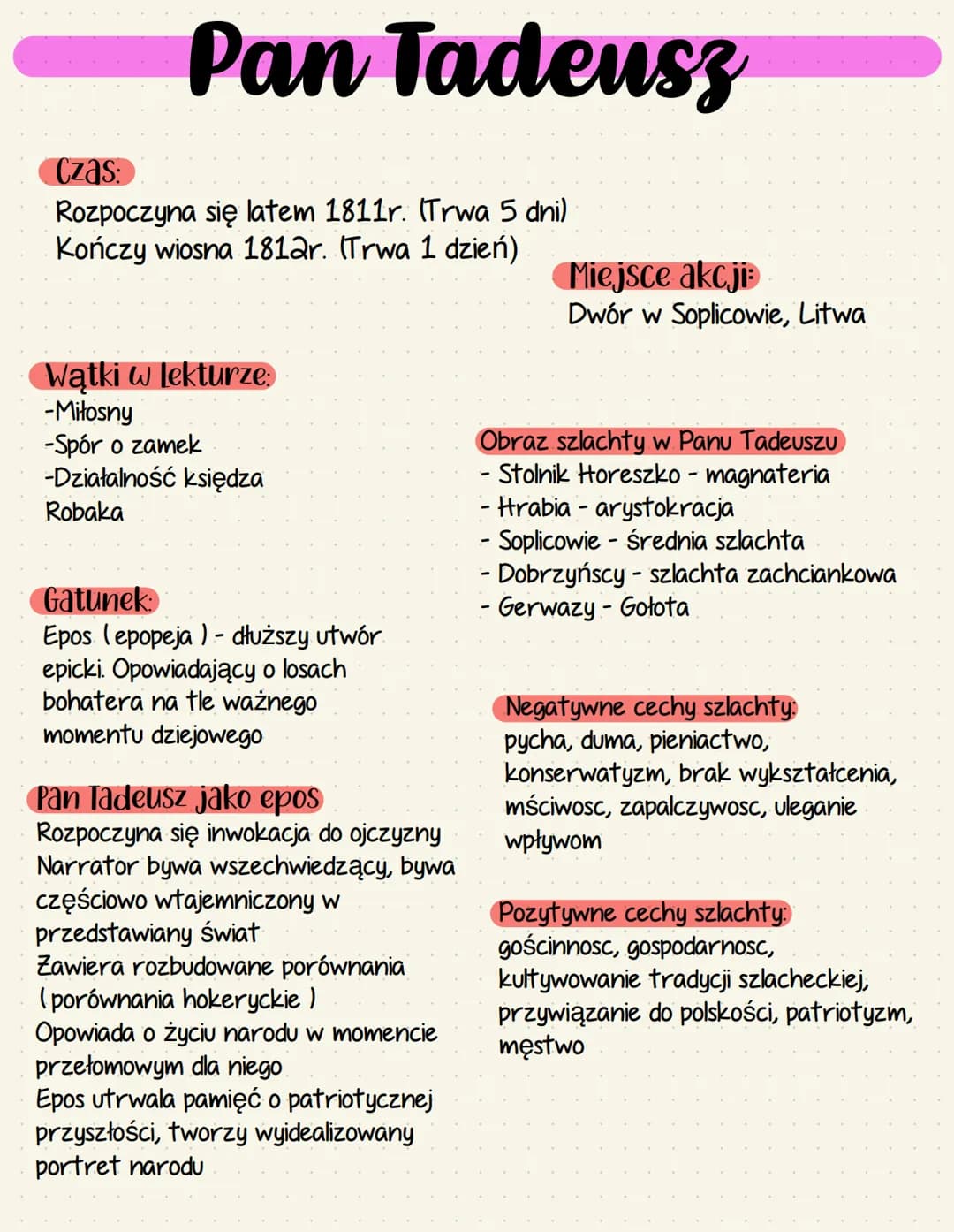 Plan wydarzeń
1. Przyjazd Tadeusza do Soplicowa.
2. Spotkanie z Zosia.
3. Wieczorna uczta w zamku - fascynacja Tadeusza Telimeną.
4. Histori