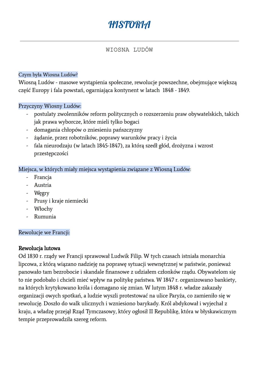 HISTORIA
WIOSNA LUDÓW
Czym była Wiosna Ludów?
Wiosną Ludów - masowe wystąpienia społeczne, rewolucje powszechne, obejmujące większą
część Eu