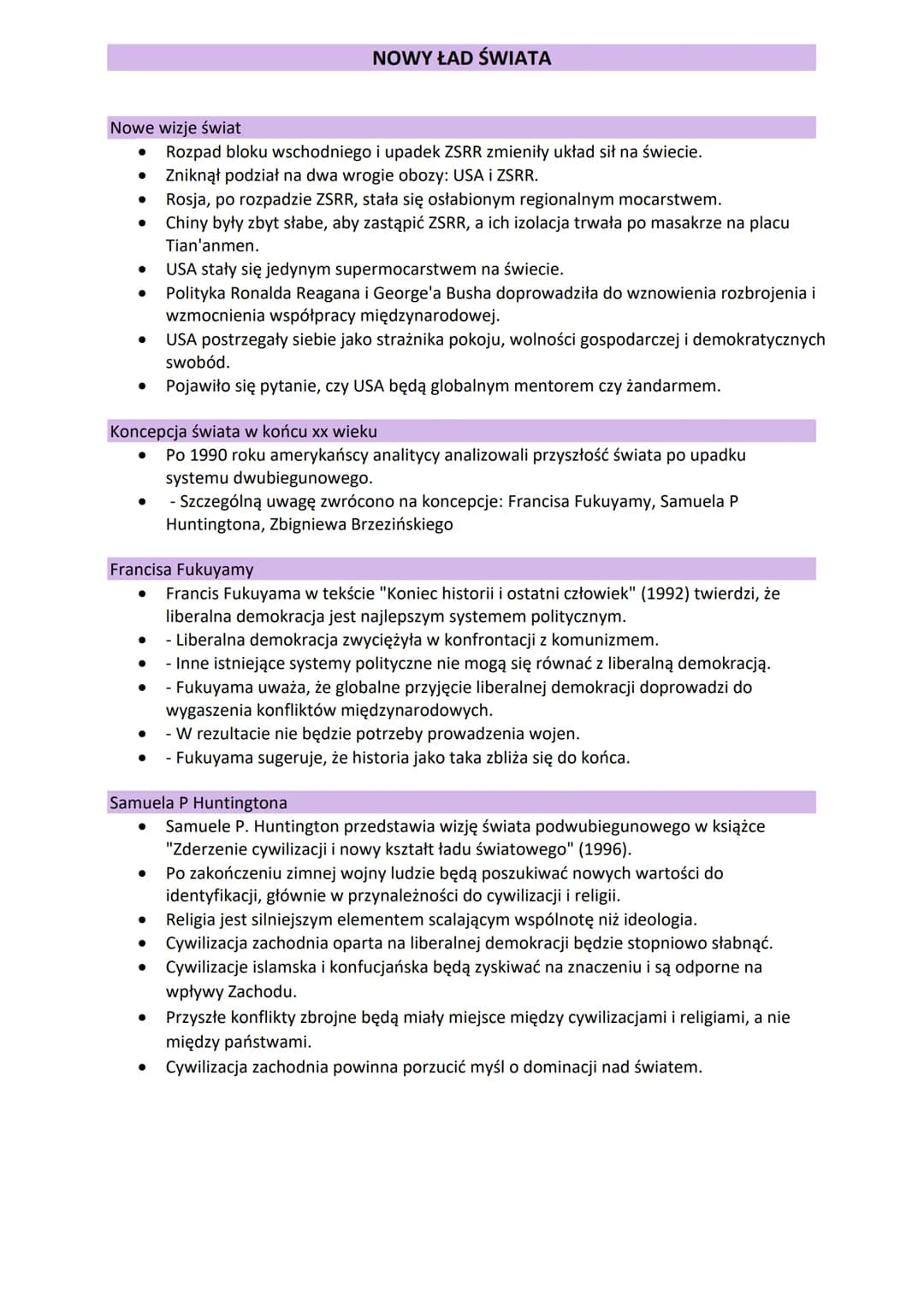 NOWY ŁAD ŚWIATA
Nowe wizje świat
• Rozpad bloku wschodniego i upadek ZSRR zmieniły układ sił na świecie.
•
Zniknął podział na dwa wrogie obo