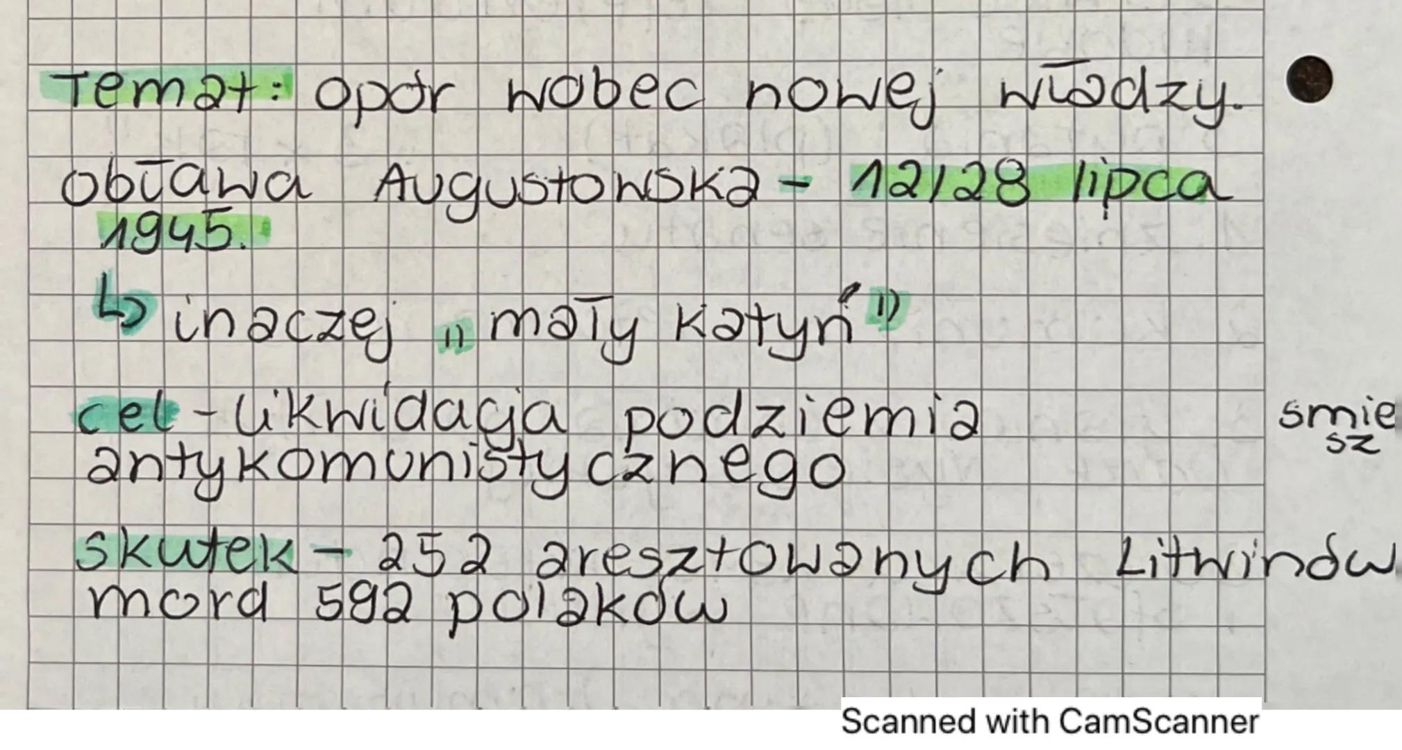 Temat: opor wobec nowej władzy.

Obława Augustowska - 12/28 lipca
1945.

↳ inaczej mały katyń"

cel-likwidacja podziemia
anty komunistyczneg