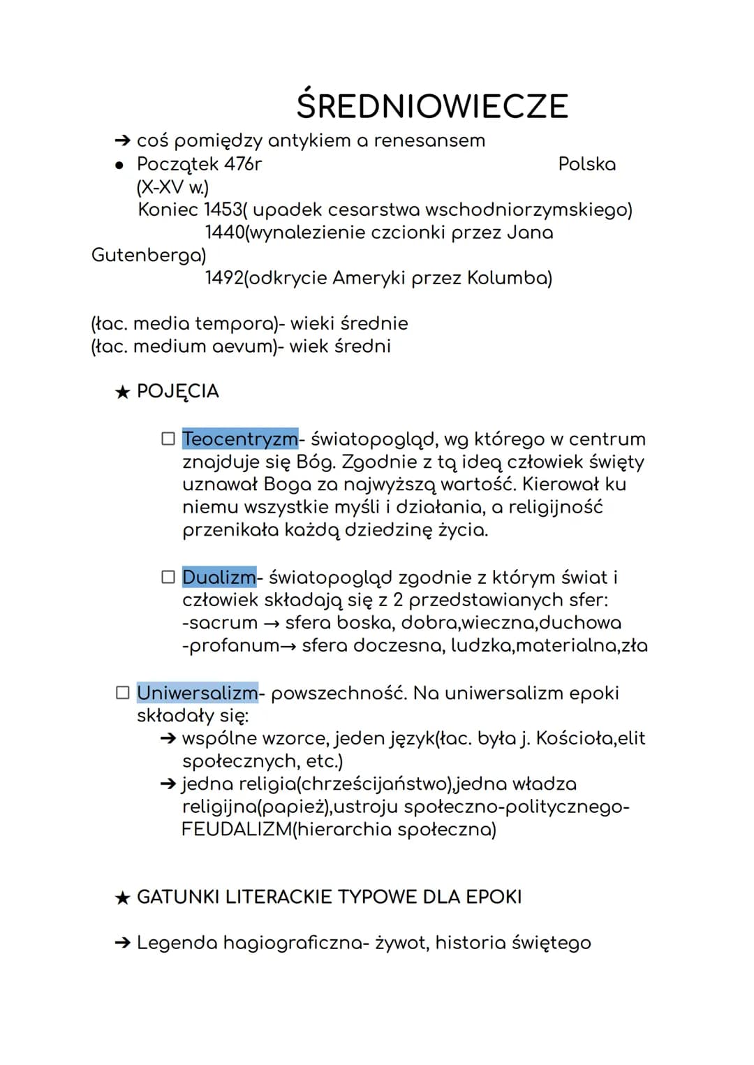 ŚREDNIOWIECZE
coś pomiędzy antykiem a renesansem
• Początek 476r
(X-XV w.)
Koniec 1453( upadek cesarstwa wschodniorzymskiego)
1440(wynalezie