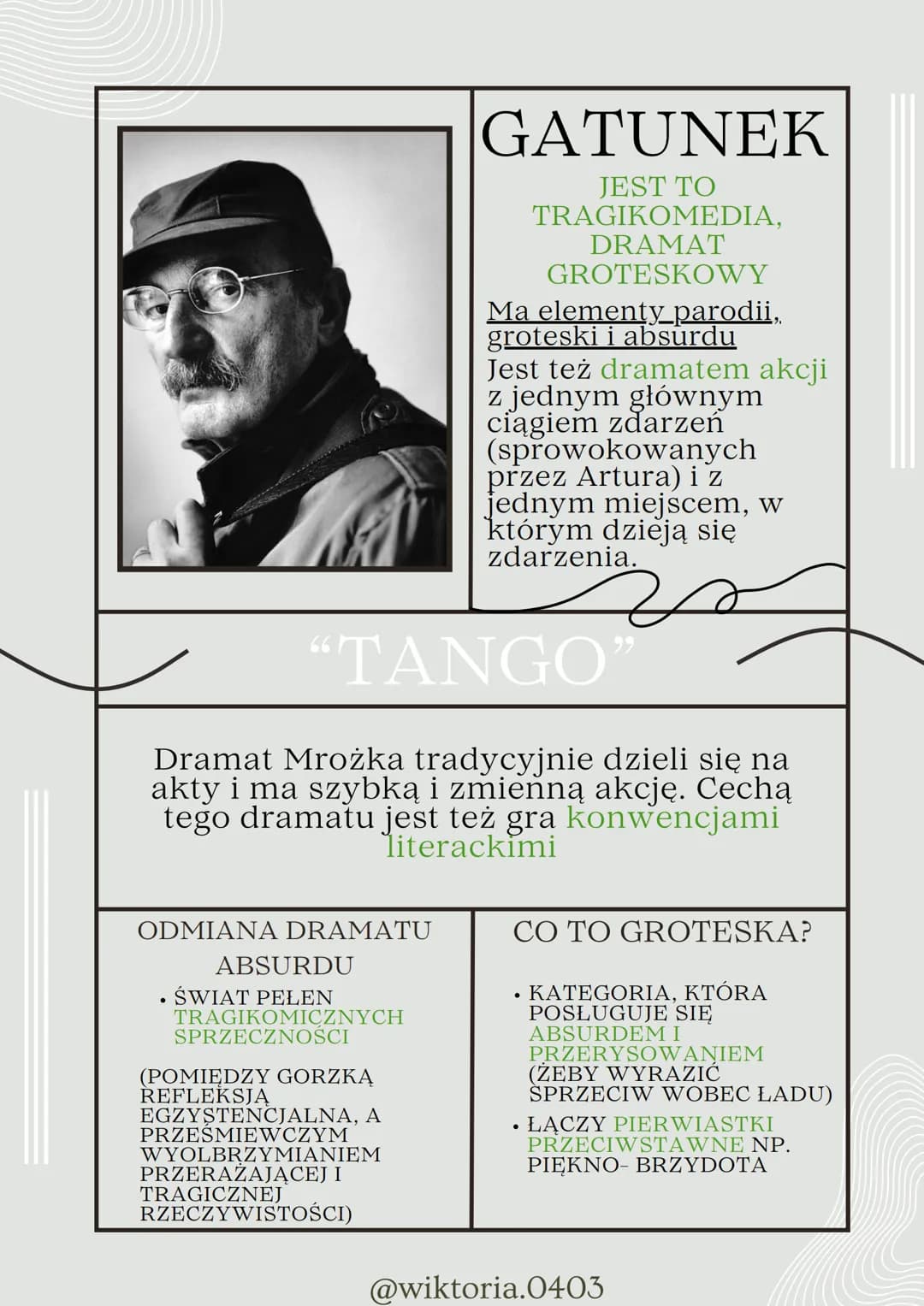 GATUNEK
JEST TO
TRAGIKOMEDIA,
DRAMAT
GROTESKOWY
Ma elementy_parodii,
groteski i absurdu
Jest też dramatem akcji
z jednym głównym
ciągiem zda