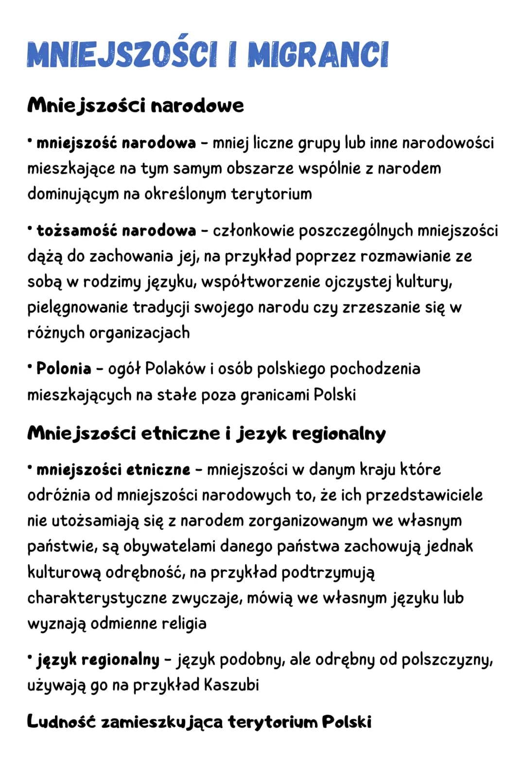 MNIEJSZOŚCI I MIGRANCI
Mniejszości narodowe
mniejszość narodowa - mniej liczne grupy lub inne narodowości
mieszkające na tym samym obszarze 
