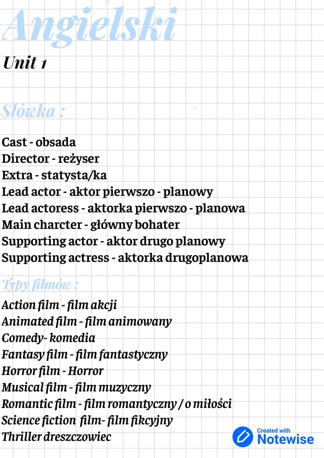 Angielski
Unit 1
Słówka :
Cast - obsada
Director - reżyser
Extra - statysta/ka
Lead actor-aktor pierwszo - planowy
Lead actoress - aktorka p