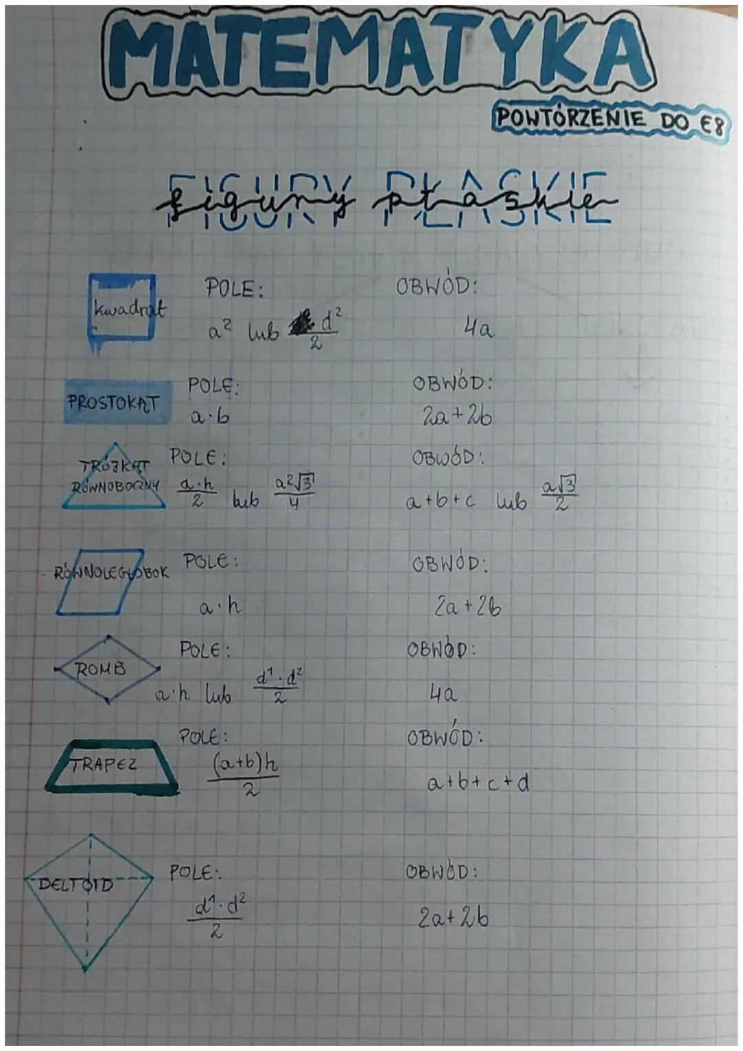 # MATEMATYKA
POWTÓRZENIE DO €8

figung plague

|           | POLE:          | OBWOD:     |
|-----------|----------------|------------|
| kwa