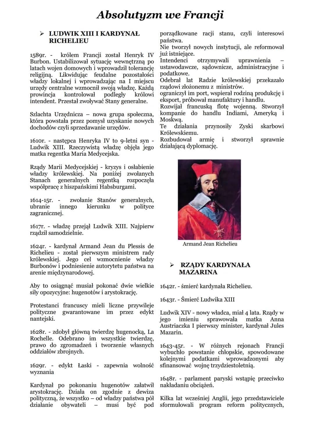 > LUDWIK XIII I KARDYNAŁ
RICHELIEU
Absolutyzm we Francji
1589r. - królem Francji został Henryk IV
Burbon. Ustabilizował sytuację wewnętrzną 