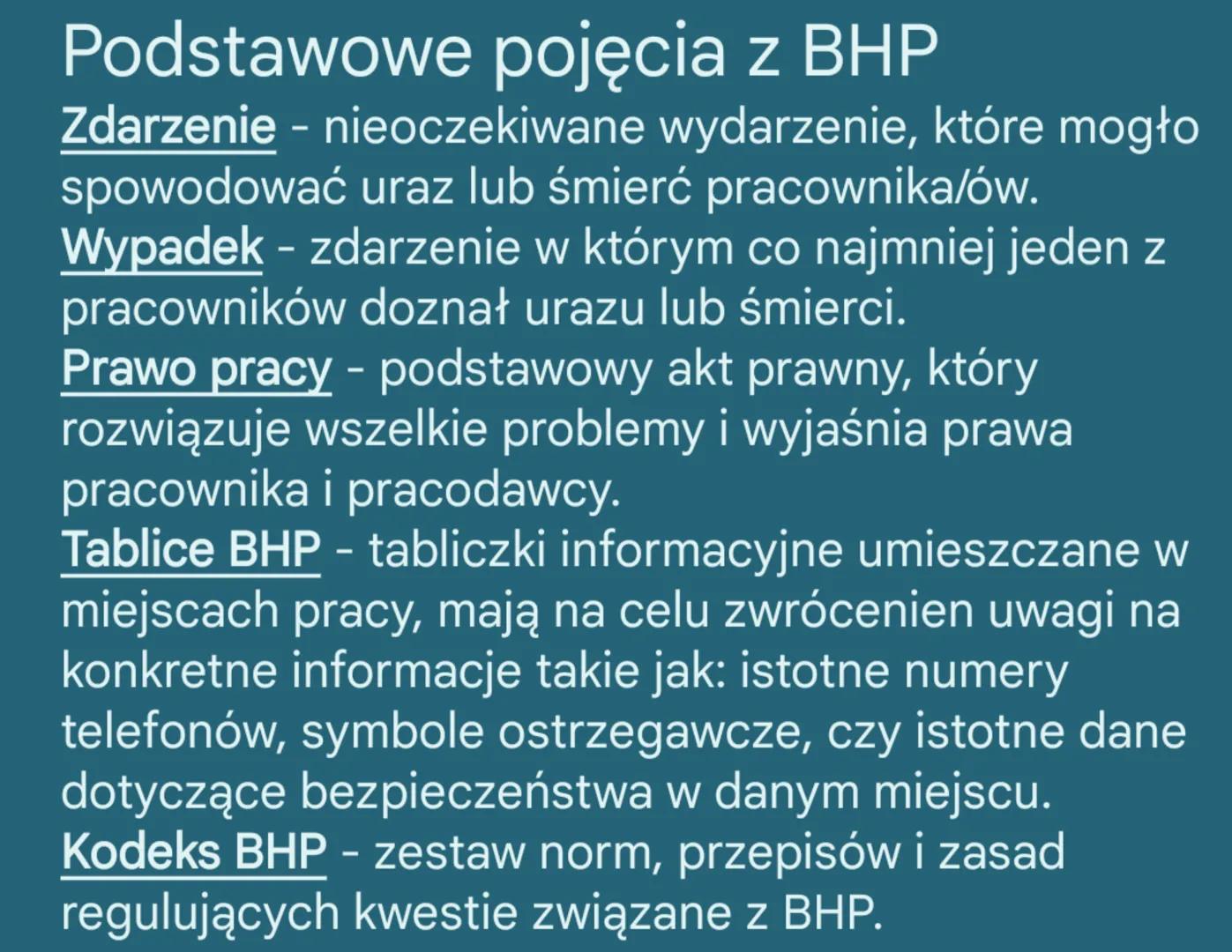 Podstawowe pojęcia z BHP
Zdarzenie - nieoczekiwane wydarzenie, które mogło
spowodować uraz lub śmierć pracownika/ów.
Wypadek - zdarzenie w k