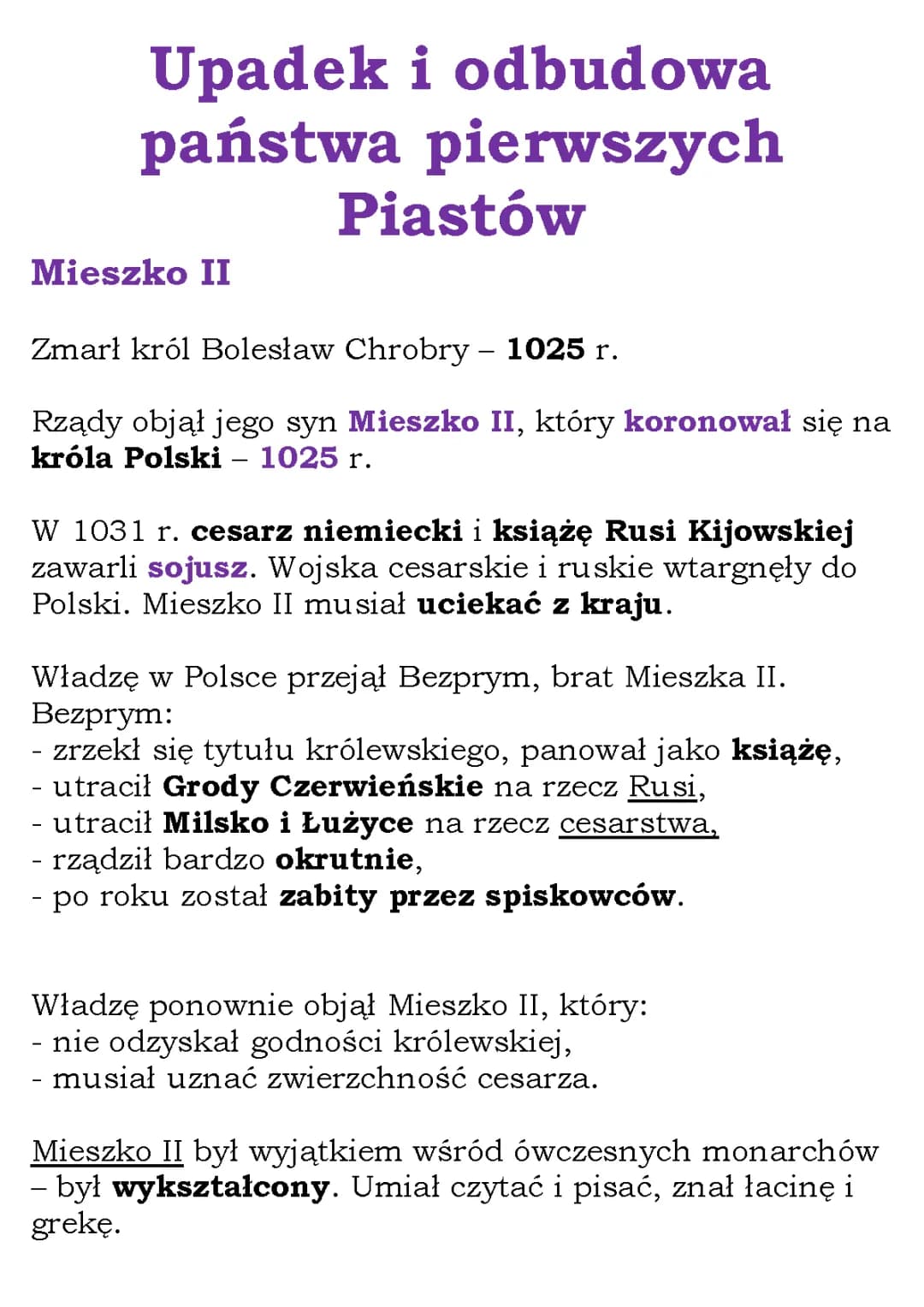 Upadek i odbudowa państwa pierwszych Piastów - Klasa 5 Notatka
