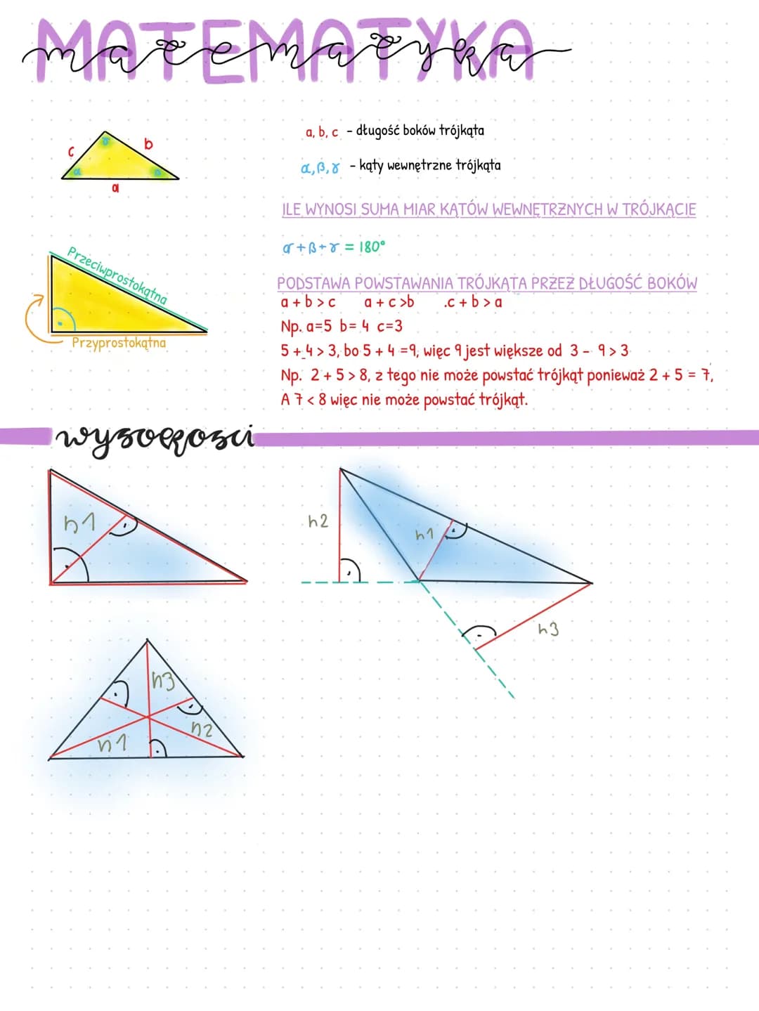 MATEMATYK
Ol
Przeciwprostokątna
.
b1
b
Przyprostokątna
wyzorosci
v1
42
a, b, c - długość boków trójkąta
a,, - kąty wewnętrzne trójkąta
ILE W
