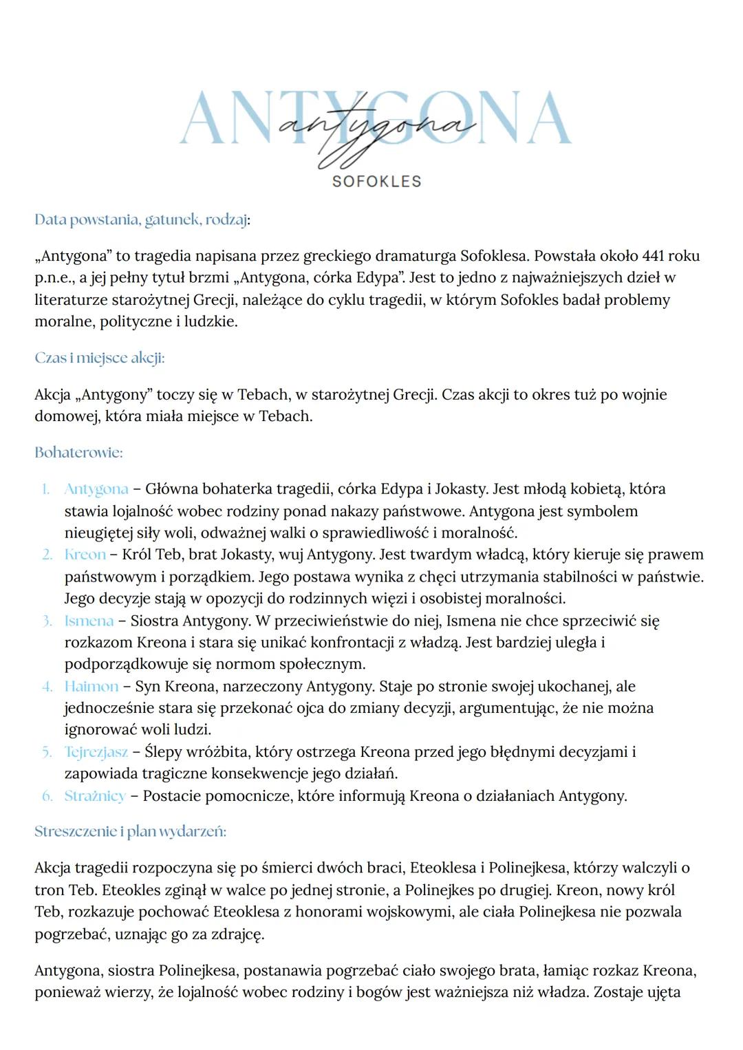 ANTANA
SOFOKLES
Data powstania, gatunek, rodzaj:
„Antygona" to tragedia napisana przez greckiego dramaturga Sofoklesa. Powstała około 441 ro