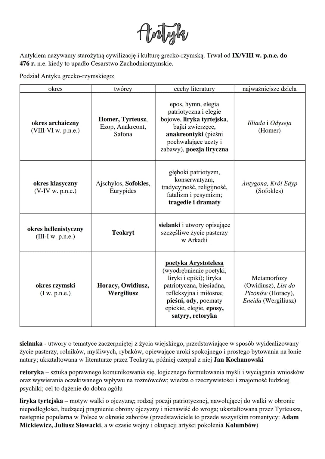 Antyk
Antykiem nazywamy starożytną cywilizację i kulturę grecko-rzymską. Trwał od IX/VIII w. p.n.e. do
476 r. n.e. kiedy to upadło Cesarstwo