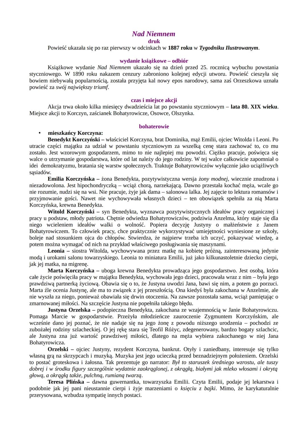 Nad Niemnem - szczegółowe opracowanie lektury