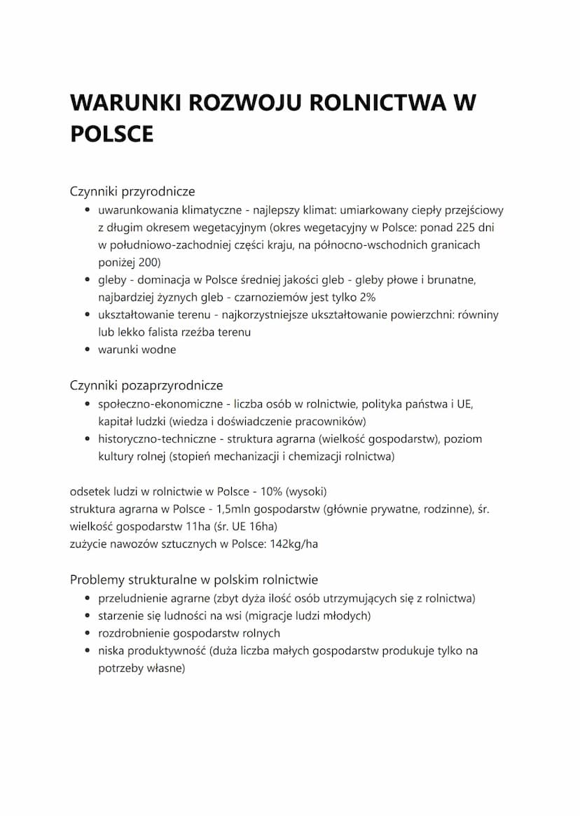 WARUNKI ROZWOJU ROLNICTWA W
POLSCE
Czynniki przyrodnicze
• uwarunkowania klimatyczne - najlepszy klimat: umiarkowany ciepły przejściowy
z dł