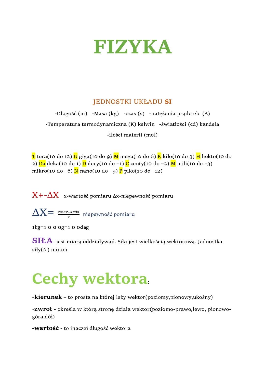 Jednostki układu si, cechy wektora, 3 zasada dynami newtona