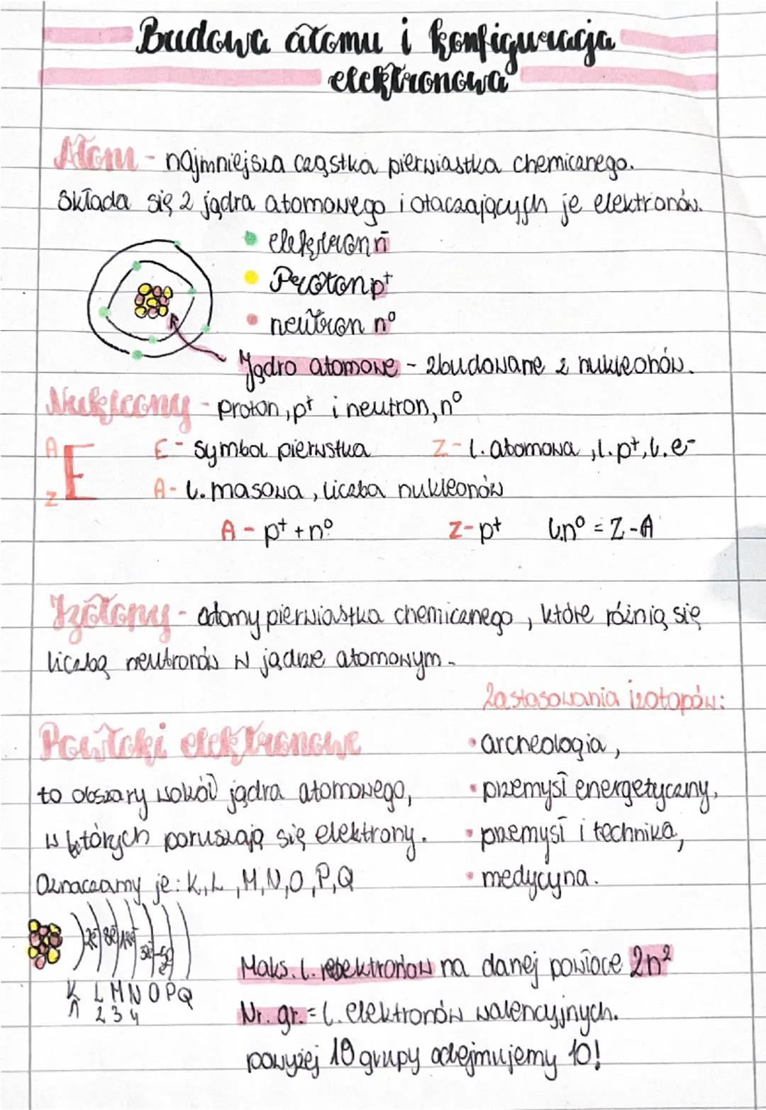 # Budowa atomu i konfiguracja
elektronowa

Mom- najmniejsza cegstka pierwiastka chemicanego.
Składa się 2 jądra atomowego i otaczających je 