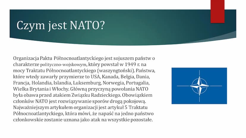 ORGANIZACJA
PAKTU
PÓŁNOCNOATLANTYCKIEGO
- NATO
@MSOBOR Czym jest NATO?
Organizacja Paktu Północnoatlantyckiego jest sojuszem państw o
charak